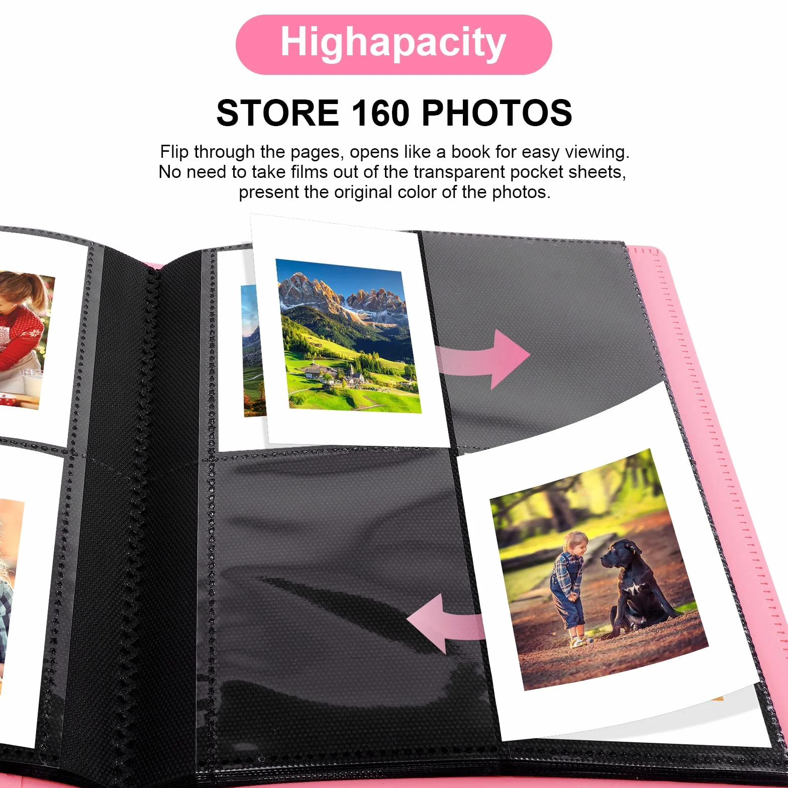 Flintronic Album fotograficzny, 160-kieszeniowy album pamiątkowy, 40-stronicowy mini album filmowy do Instax Mini, papier fotograficzny z cynkiem i zębatką - różowy