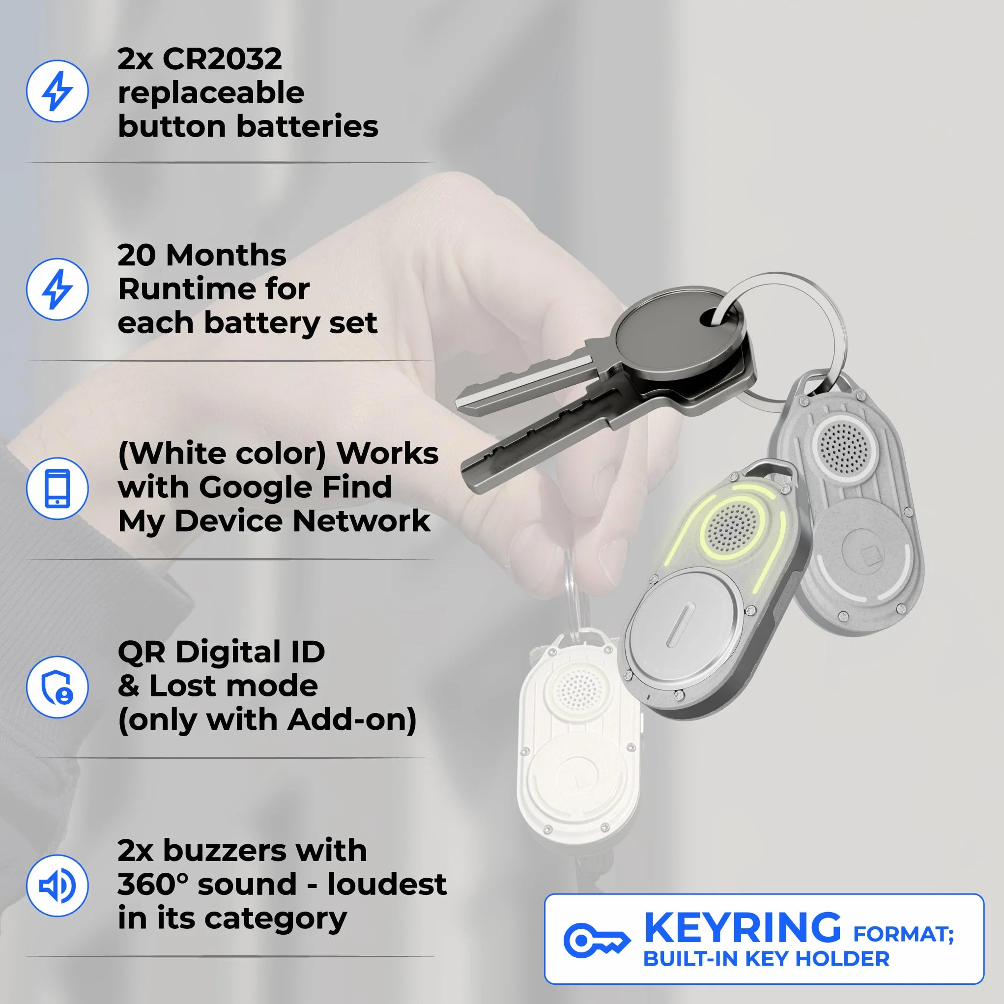 Rolling Square AirNotch Pro – tracker Bluetooth kompatybilny tylko z systemem Android Google Find Hub, brelok do kluczy, wymienne baterie, dźwięk 360°, inteligentny znacznik, świecący w ciemności