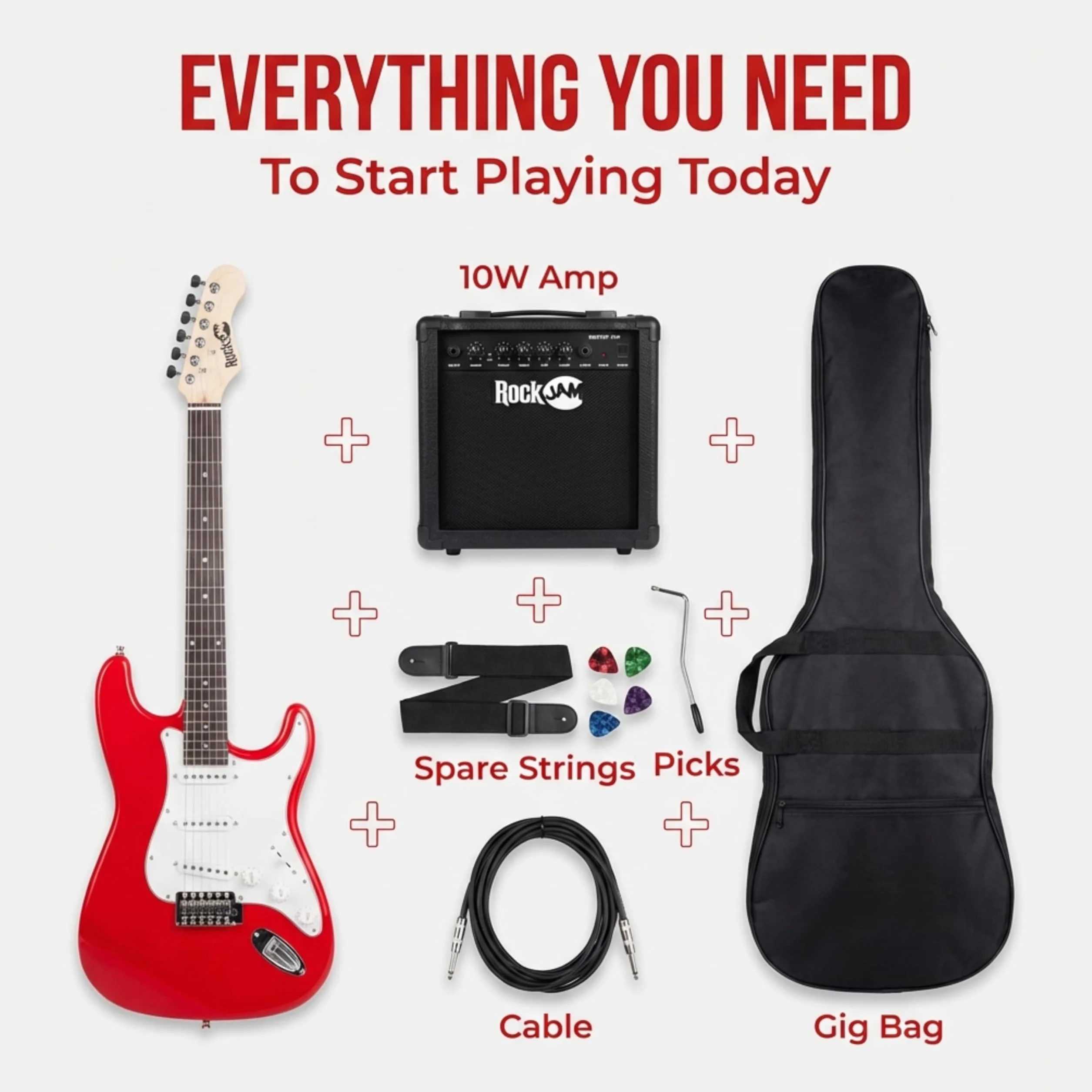 RockJam pełnowymiarowy zestaw gitarowy elektryczny z wzmacniaczem 10-watowym, akcesoriami i lekcjami, Czerwony