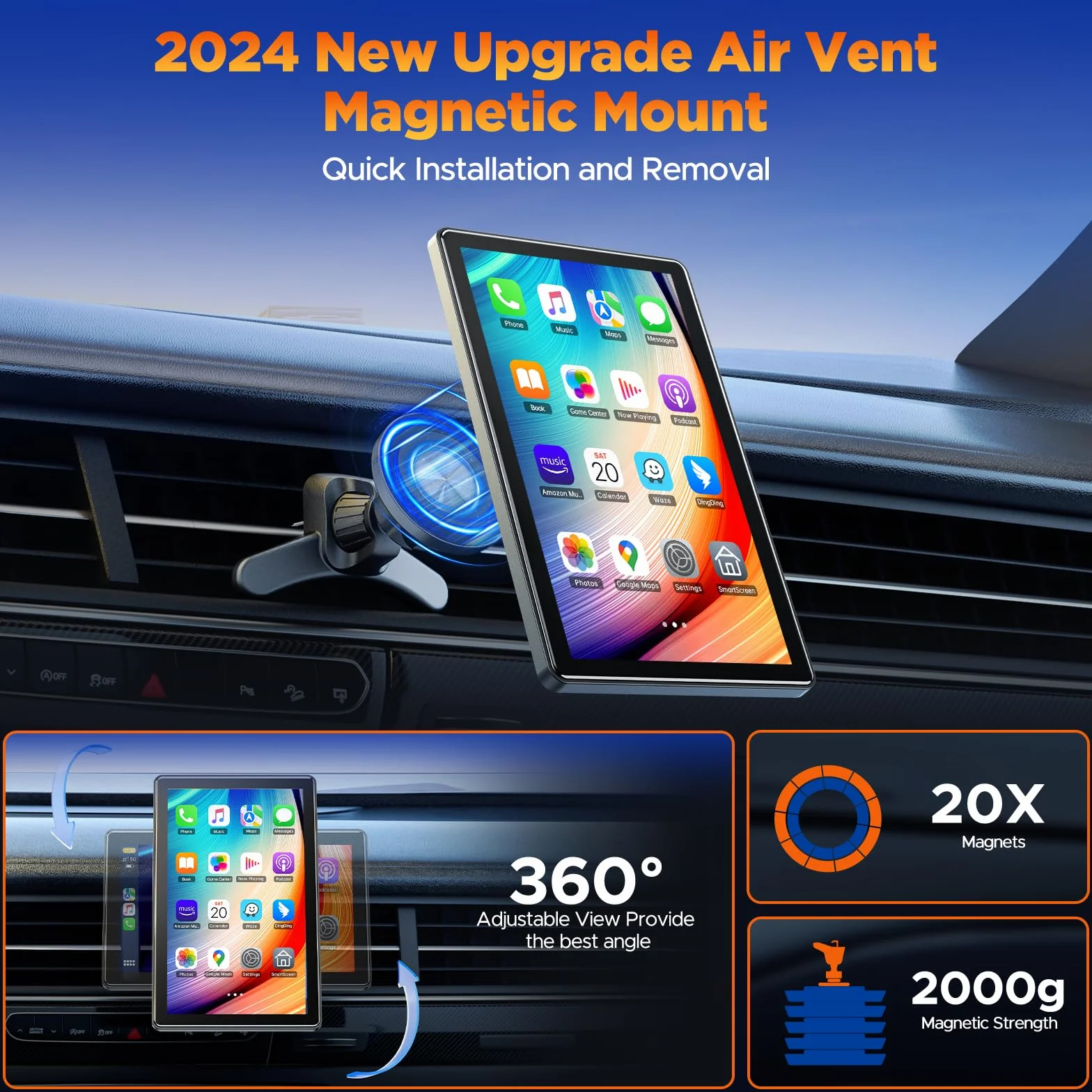 Volam Wyświetlacz Carplay 17.8 cm z funkcją A-pple Carplay Android Auto, ekran poziomy i pionowy, uchwyt magnetyczny, przenośne samochodowe stereo z nawigacją na żywo, sterowanie głosowe, łącze