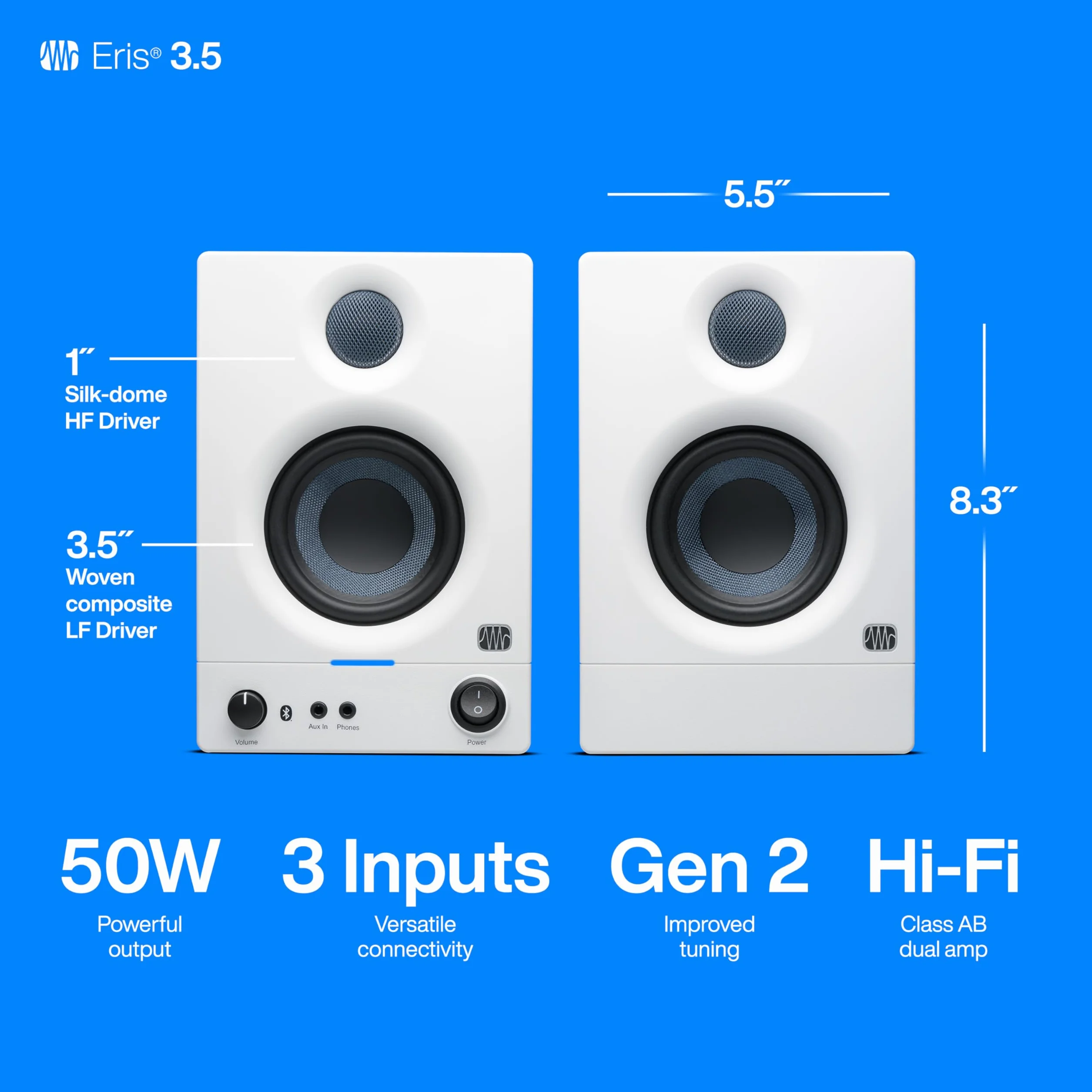 PreSonus Eris 3.5BT Gen 2 in White, Studio Monitor Speakers with Bluetooth, Pair, 3.5 Inch, 2-Way, Powered Desktop Speakers for Multimedia, Gaming, Studio-Quality Music Production, 50W Power