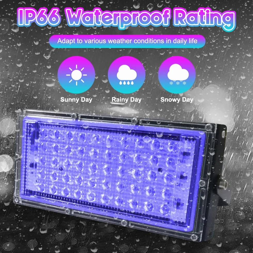 DASIAUTOEM Reflektor LED z czarnym światłem 50 W, 2 sztuki, klasa wodoszczelności IP66, 50 diod LED, czarne światło, UV z wtyczką, na dyskotekę, imprezę, Halloween, oświetlenie sceniczne