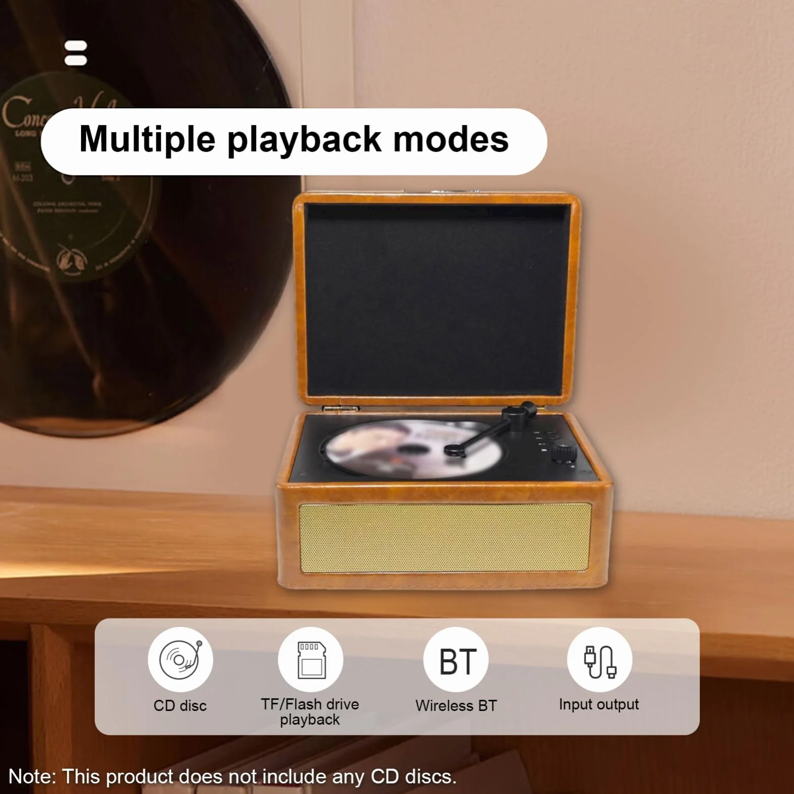 Gramofon CD, Wielofunkcyjna Tacka, Odtwarzacz Płyt BT 5.0, Odtwarzanie z Napędu USB, Pilot na podczerwień, 2 Wbudowane Głośniki, Bezprzewodowe Przesyłanie Muzyki (Khaki)