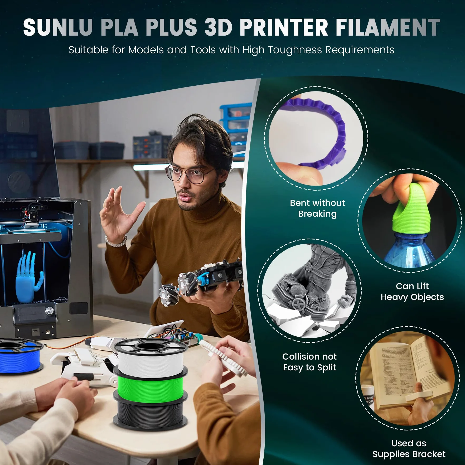SUNLU Filament PLA+ 1,75 mm, zwiększona trwałość i wysoka wytrzymałość, filament do drukarki 3D PLA Plus FDM, szpula 1 kg, PLA + drewno (dąb)