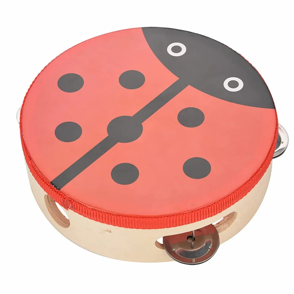 Drewniany tamburyn, 15 cm w kształcie biedronki drewniany ręczny tamburyn ręczny bęben dzwonek muzyczny instrument perkusyjny zabawka (#1)