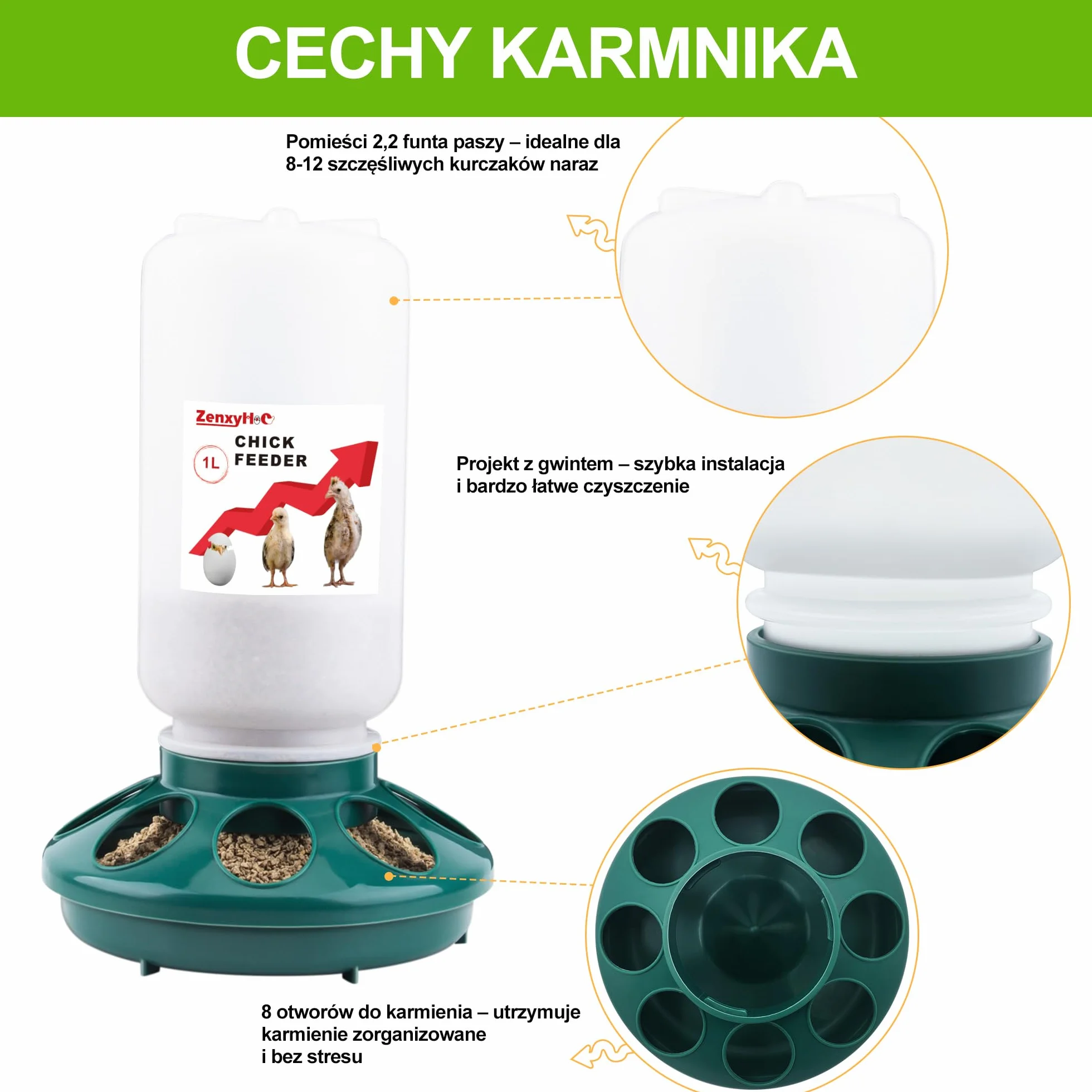 ZenxyHoC Zestaw do poidła dla piskląt, automat do karmy dla kurcząt, 1 kg i poidło 1,5 l z 3 regulowanymi wysokościami (zielony)
