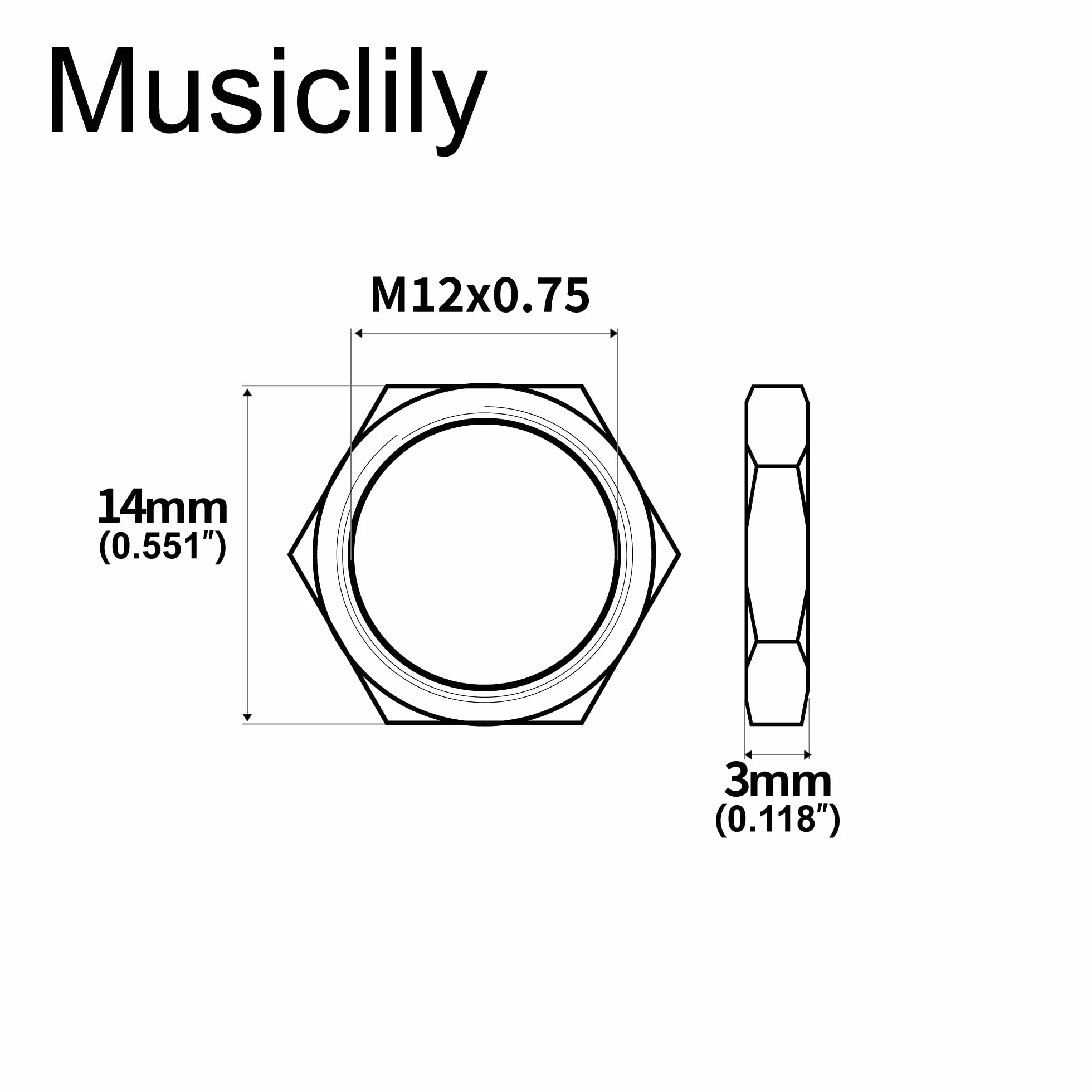 Musiclily Pro M12x0,75 Nakrętka na Jack do Metrycznych Cylindryczne Gniazdo Jack Gitary Basowej, Nikiel (10 szt.)