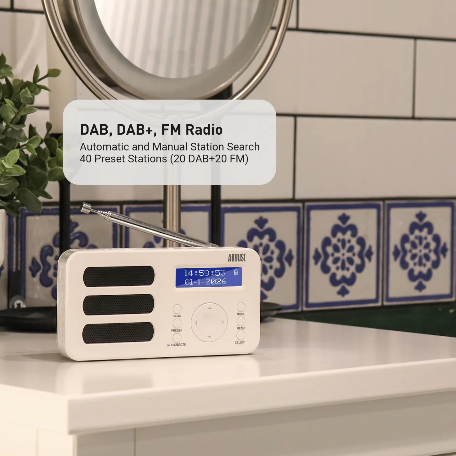 August MB225 - Przenośne radio cyfrowe - DAB/DAB + / FM - funkcja RDS, możliwość zaprogramowania 40 stacji, przenośne radio stereo/mono, podwójny alarm, akumulator, gniazdo słuchawkowe (białe)