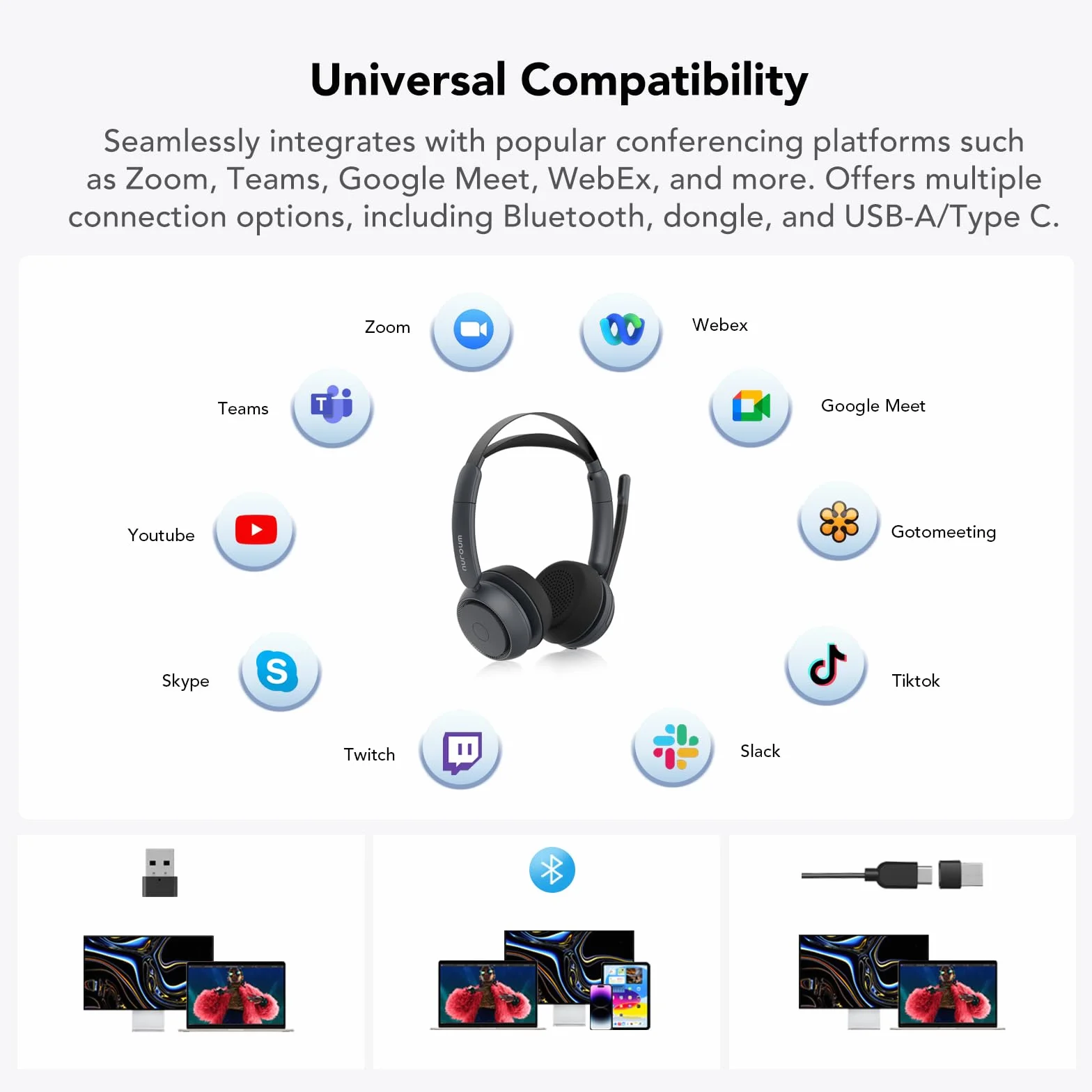 Nuroum HP31DU(2. generacji) zestaw słuchawkowy Bluetooth z mikrofonem, bezprzewodowy mikrofon z redukcją szumów do rozmów telefonicznych z podwójnym połączeniem z wyciszeniem/USB Dongle, czas pracy 45