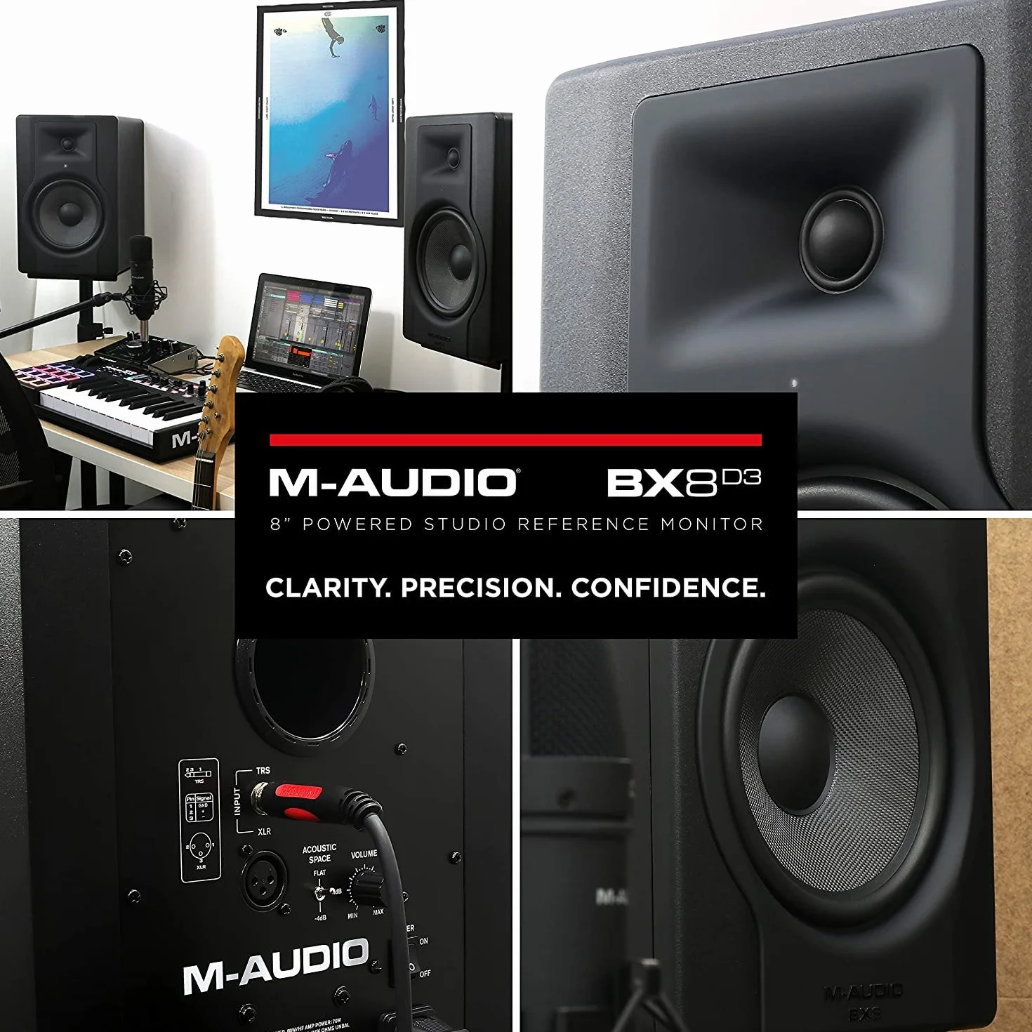 M-Audio BX8 D3 - Profesjonalny 2-drożny 8-calowy aktywny monitor studyjny do produkcji i miksowania z wbudowaną regulacją przestrzeni akustycznej