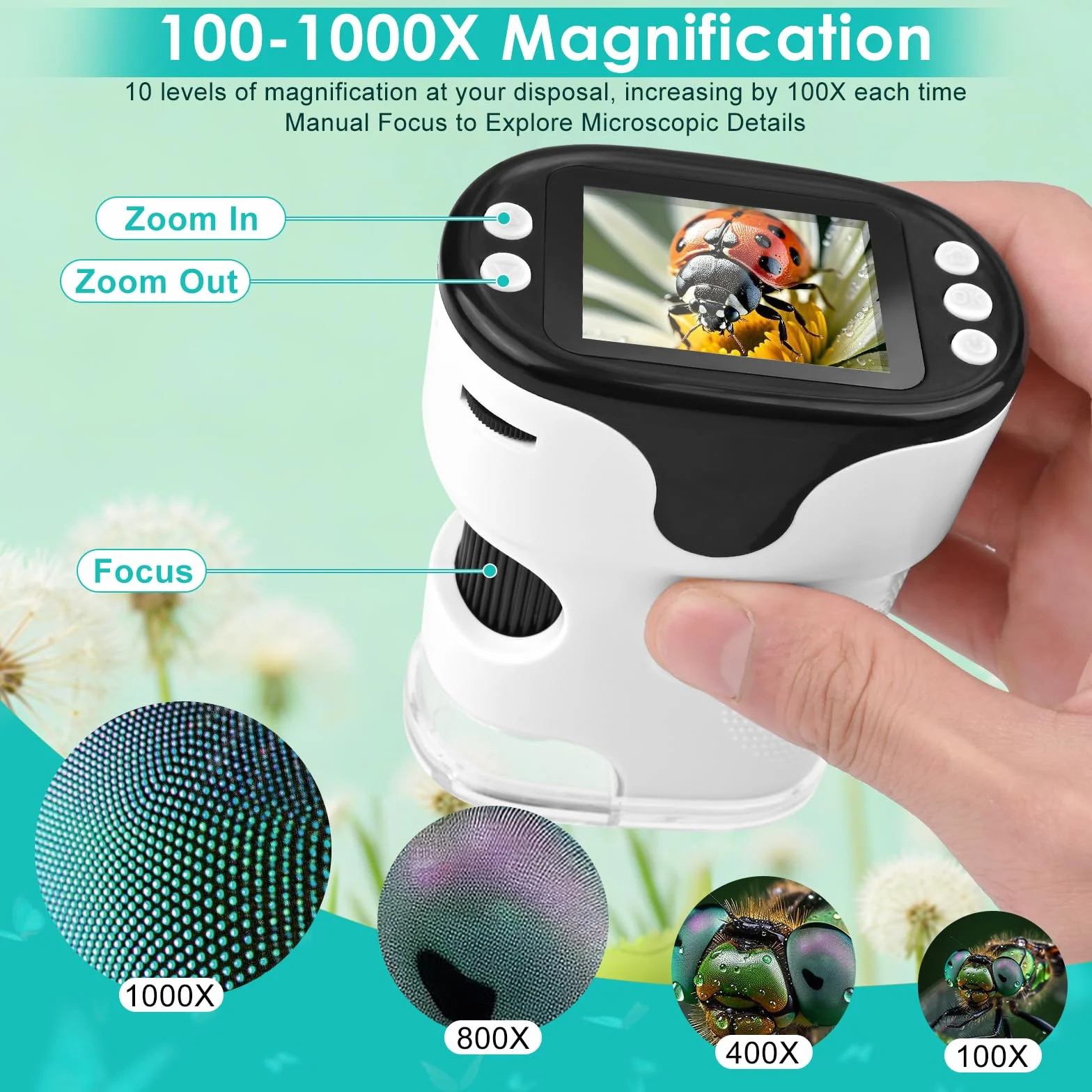 Mikroskop dla dzieci, 1000X 4K, cyfrowy mikroskop dla dzieci, wyświetlacz IPS 2,0" i 8 diod LED, 720P HD, przenośny mikroskop, ładowanie USB, nauka na zewnątrz od 3 lat, biały