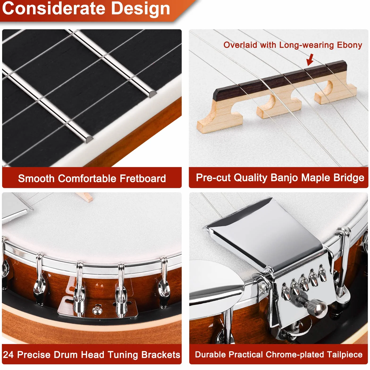 Vangoa 5 Saiten Banjo Remo Kopf geschlossen Solid Back Banjos mit Anfänger Kit, Stimmgerät, Strap, Pick-up, Saiten, Picks und Tasche