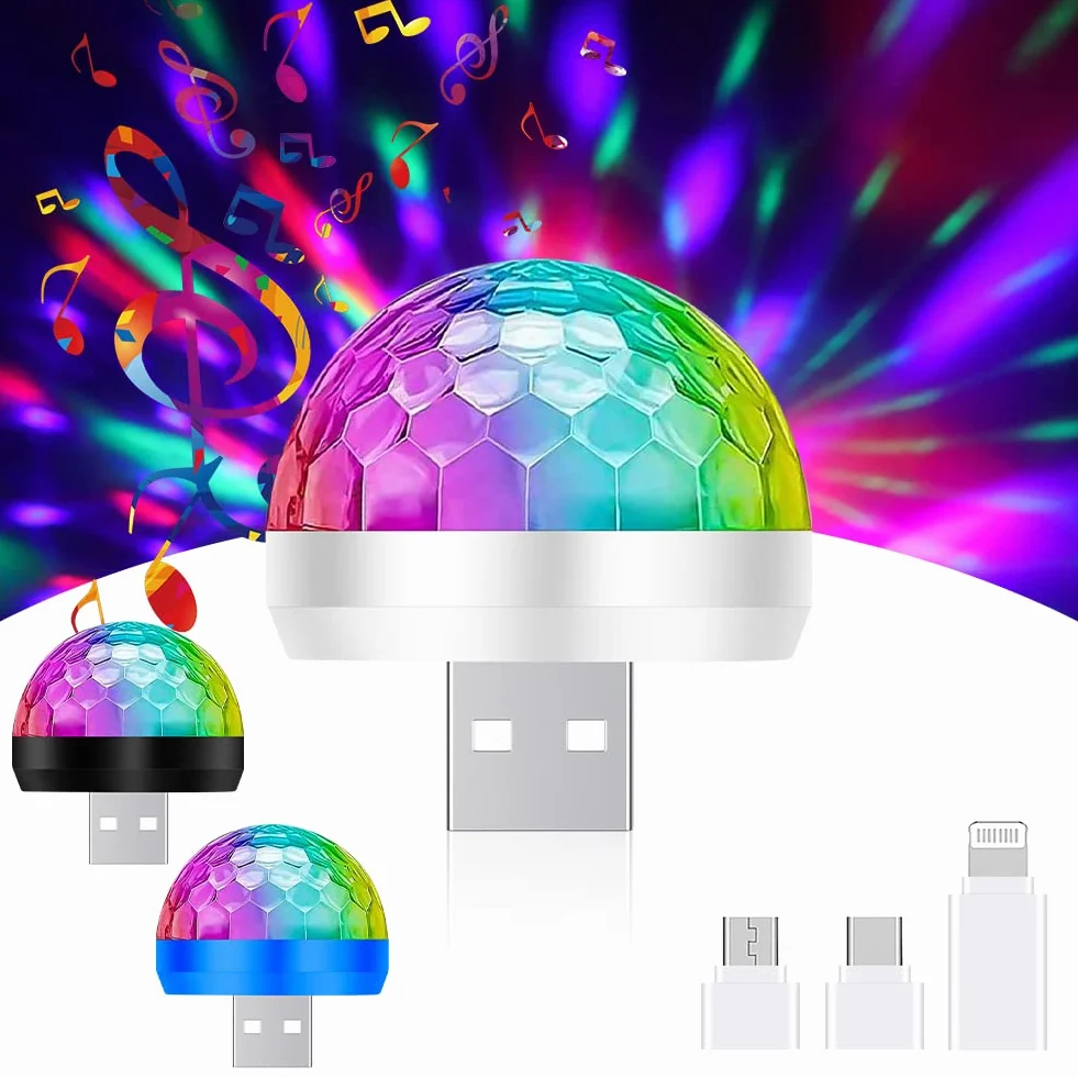 URAQT USB Disco Lights, 3 szt. Mini Disco Ball Lights, wielokolorowe LED nastrojowe światła samochodowe, lampa RGB Disco, z 3 adapterami, odpowiednie na imprezę, klub, urodziny, karaoke