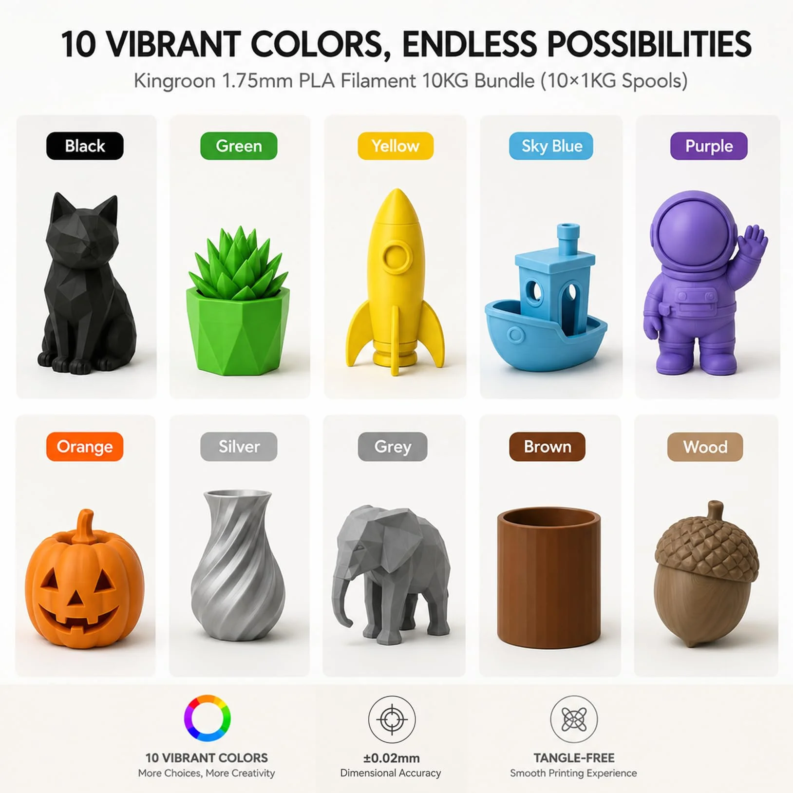 Kingroon Filament PLA 10 kg 1,75 mm, 10 szpul filamentu do drukarki 3D 1 kg, wielokolorowe opakowanie (czarny brązowy, szary, żółty, zielony, fioletowy, srebrny, błękitny, dynia, pomarańczowe drewno