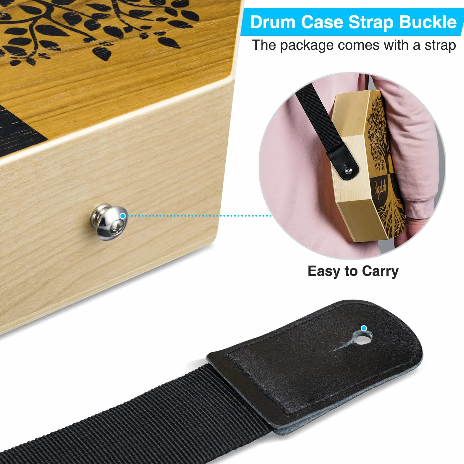 POGOLAB Cajon Instrument z bębnem i basowym tonem do muzyki akustycznej, przenośna podróżna skrzynia perkusyjna z regulowanym paskiem, akustyczny instrument perkusyjny dla początkujących i w podróży