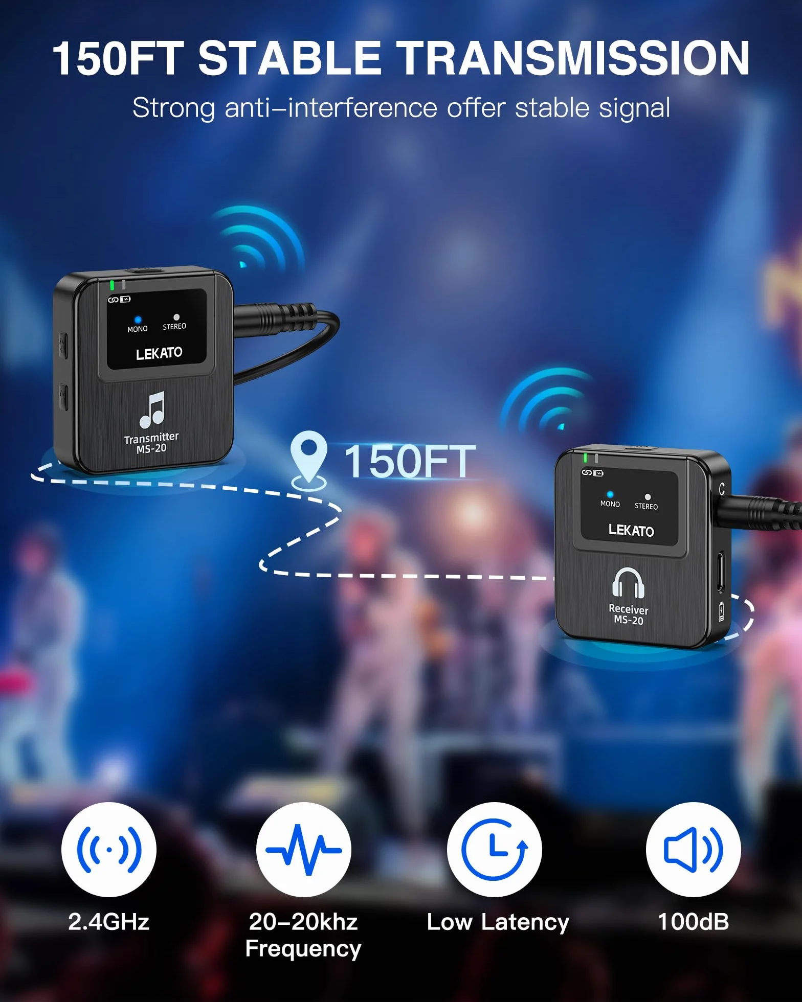LEKATO Bezprzewodowy system monitorowania dousznego z etui ładującym, profesjonalny bezprzewodowy system IEM stereo 2,4 G z nadajnikiem, odbiornikiem pasowym, do studia, prób zespołowych, małych