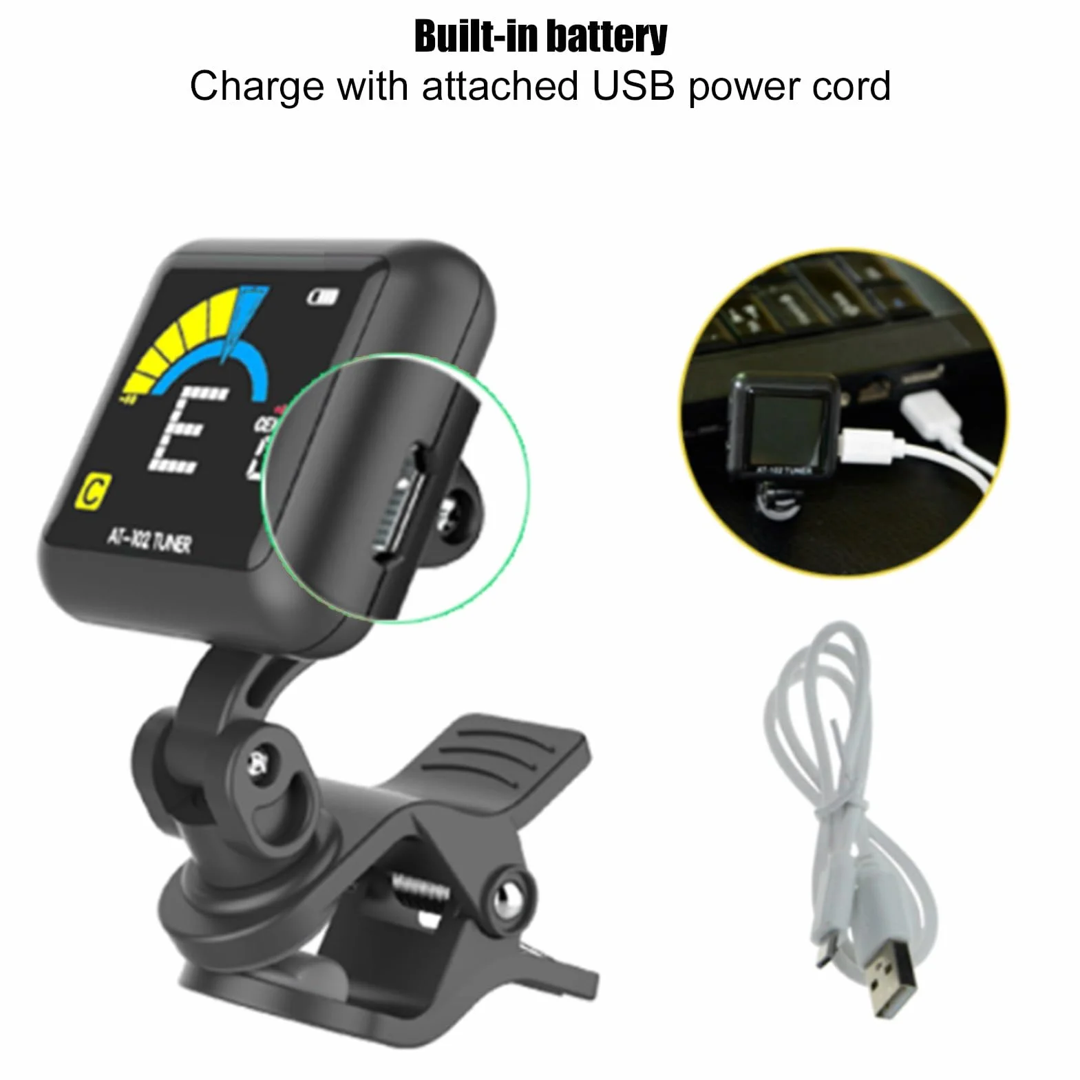 Clip-On Guitar Tuner USB Rechargeable Headstock Tuner Electric Guitar Tuner for Violin Ukulele Tuner AT‑102 with Color Screen(AT-102 Black)