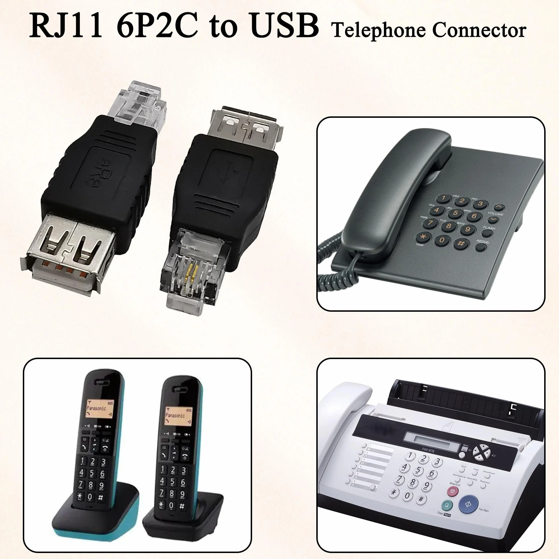 QIANRENON Wtyczka RJ11 do gniazda USB do telefonów złącze RJ11 6P2C wtyczka do gniazda USB A kabel telefoniczny adapter 2pin RJ11/USB do telefonu interfejs testowy, do telefonów faksowych, 2 szt