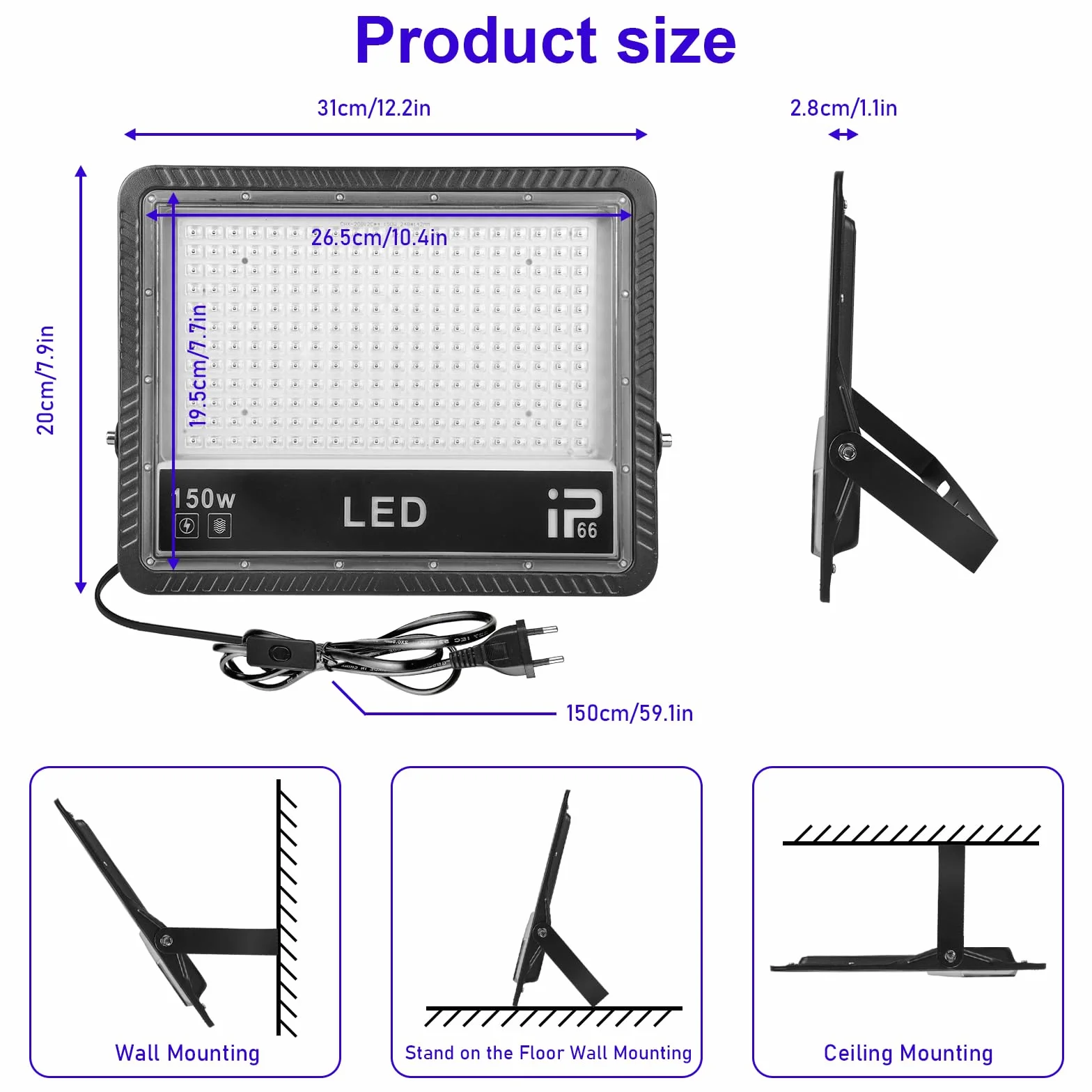 Reflektor LED z czarnym światłem, 1 sztuka 150 W UV czarne światło, IP66, reflektor UV, czarne światło na imprezę, Halloween, graffiti, dyskotekę, wydarzenia na świeżym powietrzu (285 x 240 x 50 mm)