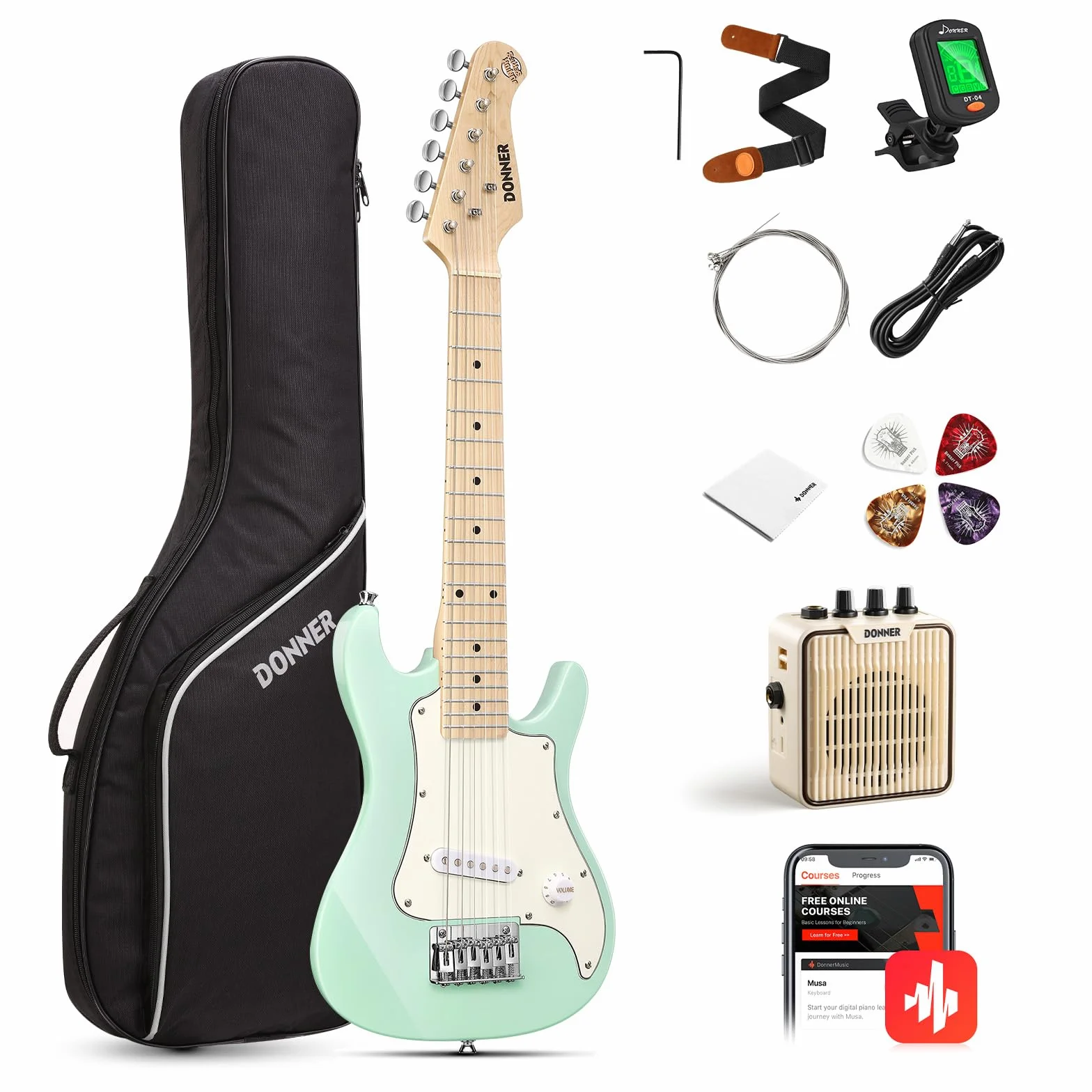 Donner 76 cm dziecięca gitara elektryczna, zestaw dla początkujących, w stylu ST, mini gitara, zestaw premium ze wzmacniaczem, tunerem, kapo, torbą, paskiem, sznurkiem, kablem (DSJ-100, miętowa