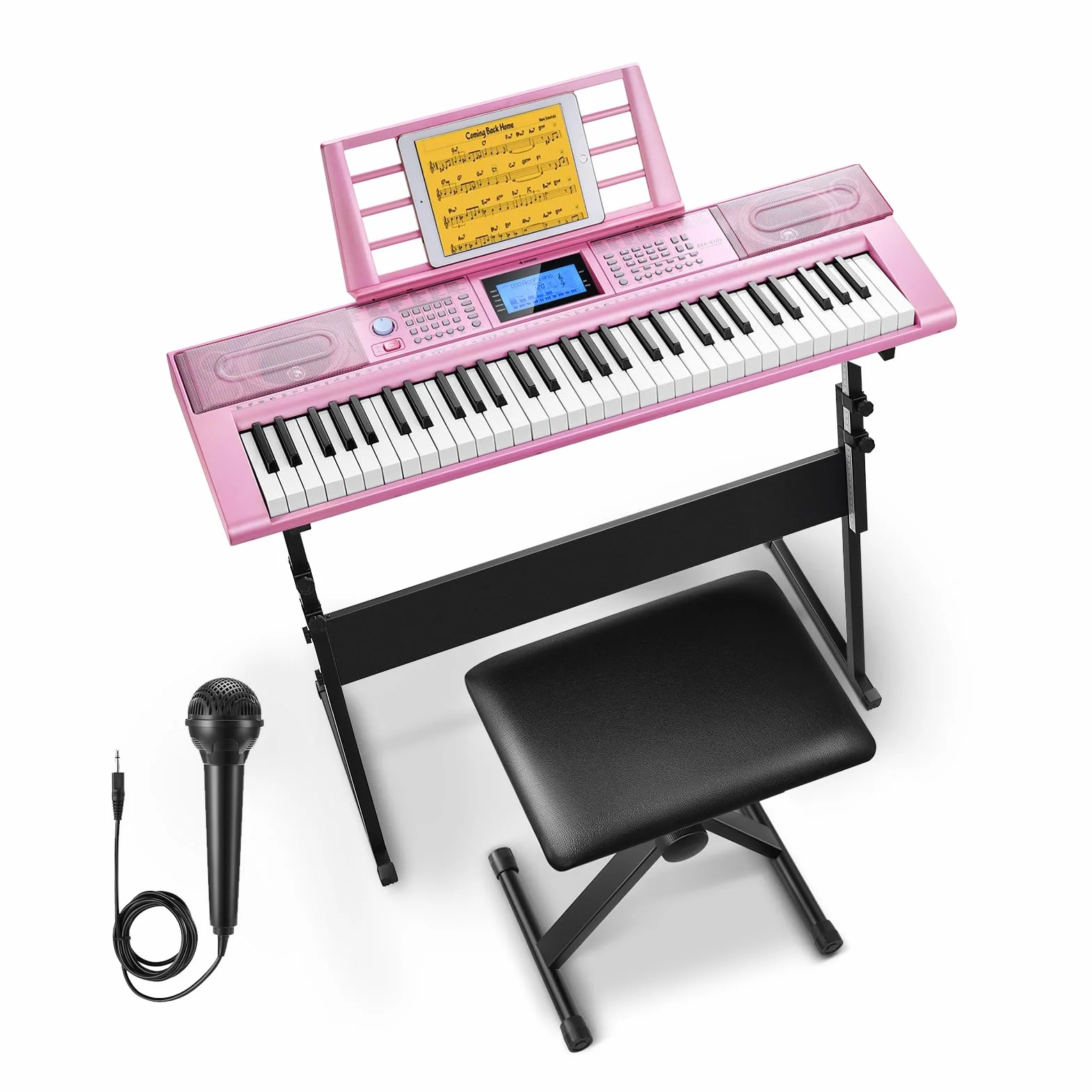 Donner Keyboard Piano 61 klawiszy, elektryczny zestaw keyboard z 249 głosami, 249 rytmami – w zestawie stojak na fortepian, taboret, mikrofon, prezent dla początkujących, różowy (DEK-610S)