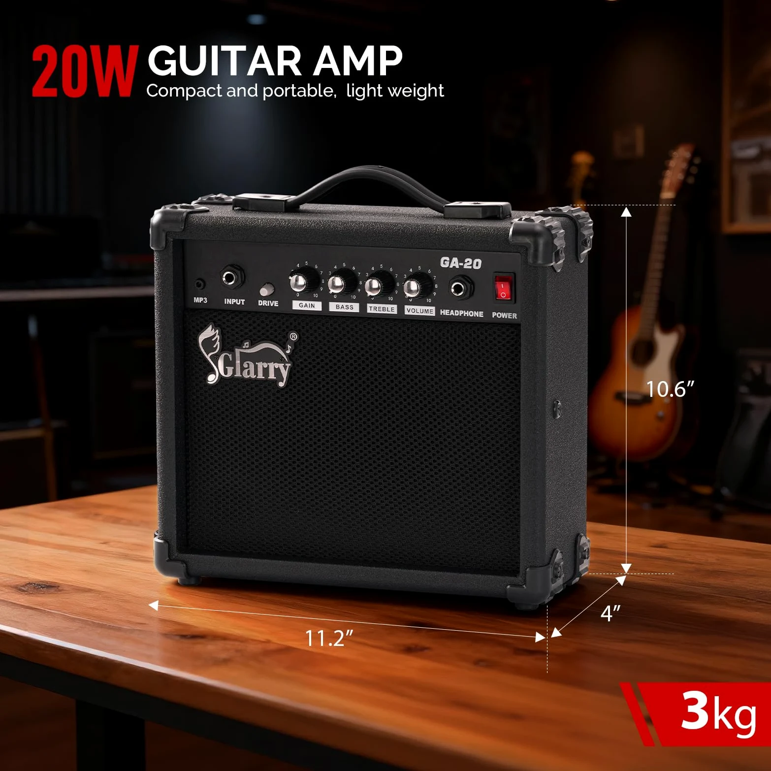 GLARRY Wzmacniacz do gitary elektrycznej, przenośny wzmacniacz lampowy do gitary z wejściem słuchawkowym MP3, wzmacniacz gitarowy 20 W, akcesoria głośnikowe z kontrolami basu, głośności, wysokich i