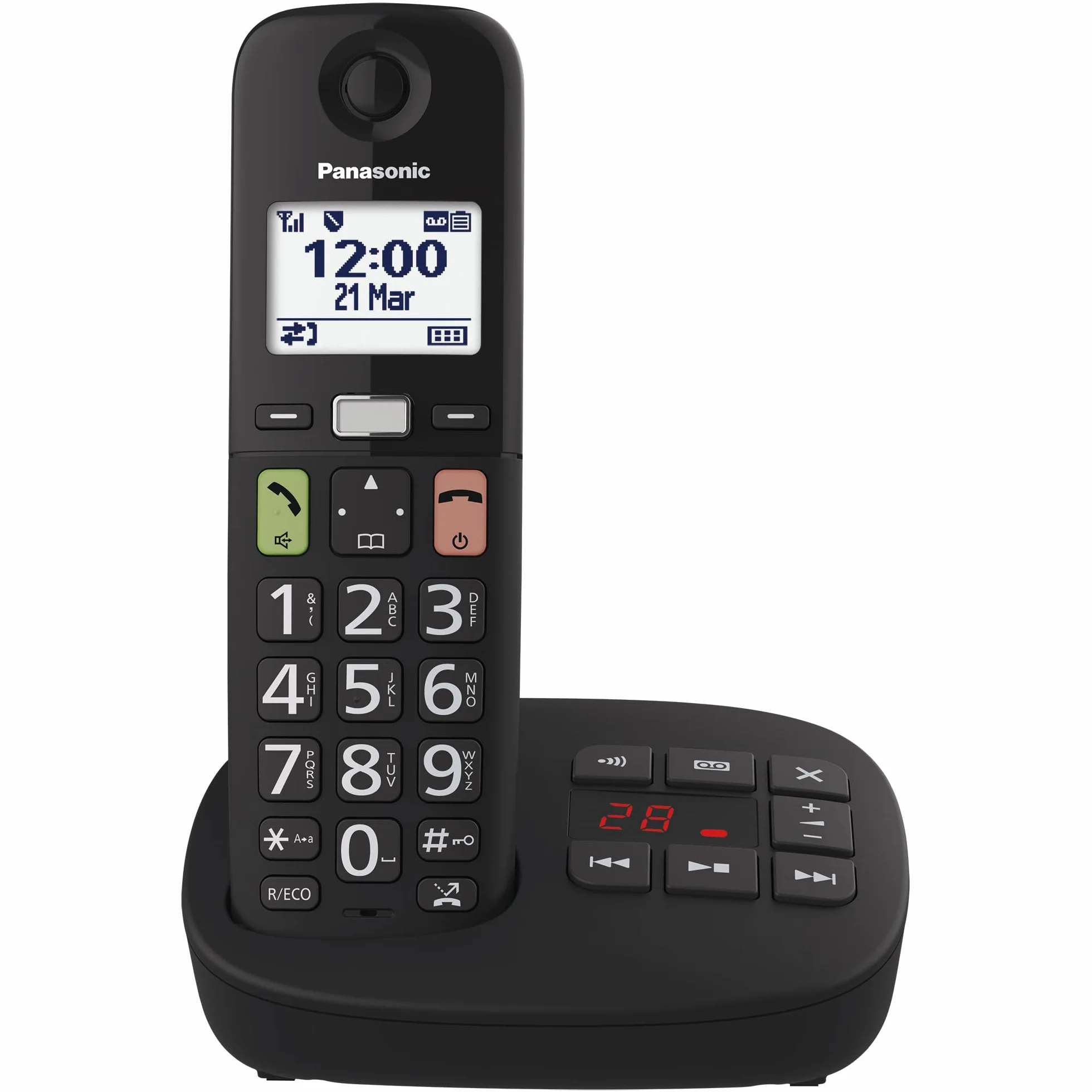 Panasonic KX-TGU130EXB Bezprzewodowy telefon cyfrowy z automatyczną sekretarką, jednostką podstawową i 1 słuchawką, wyświetlaczem LCD, dużymi klawiszami, ulubionymi połączeniami, kompatybilny z