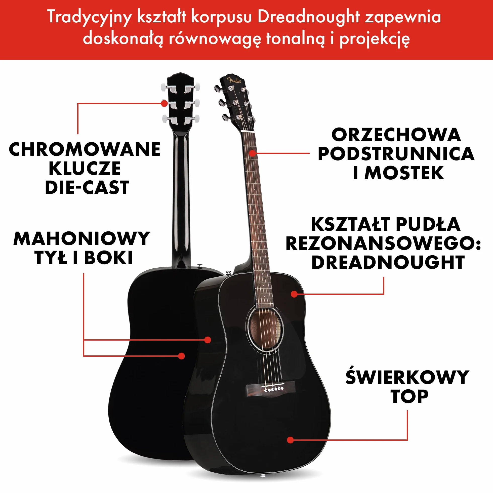 Fender CD-60 Dreadnought V3 DS, podstrunnica orzechowa, czarna, 970110506