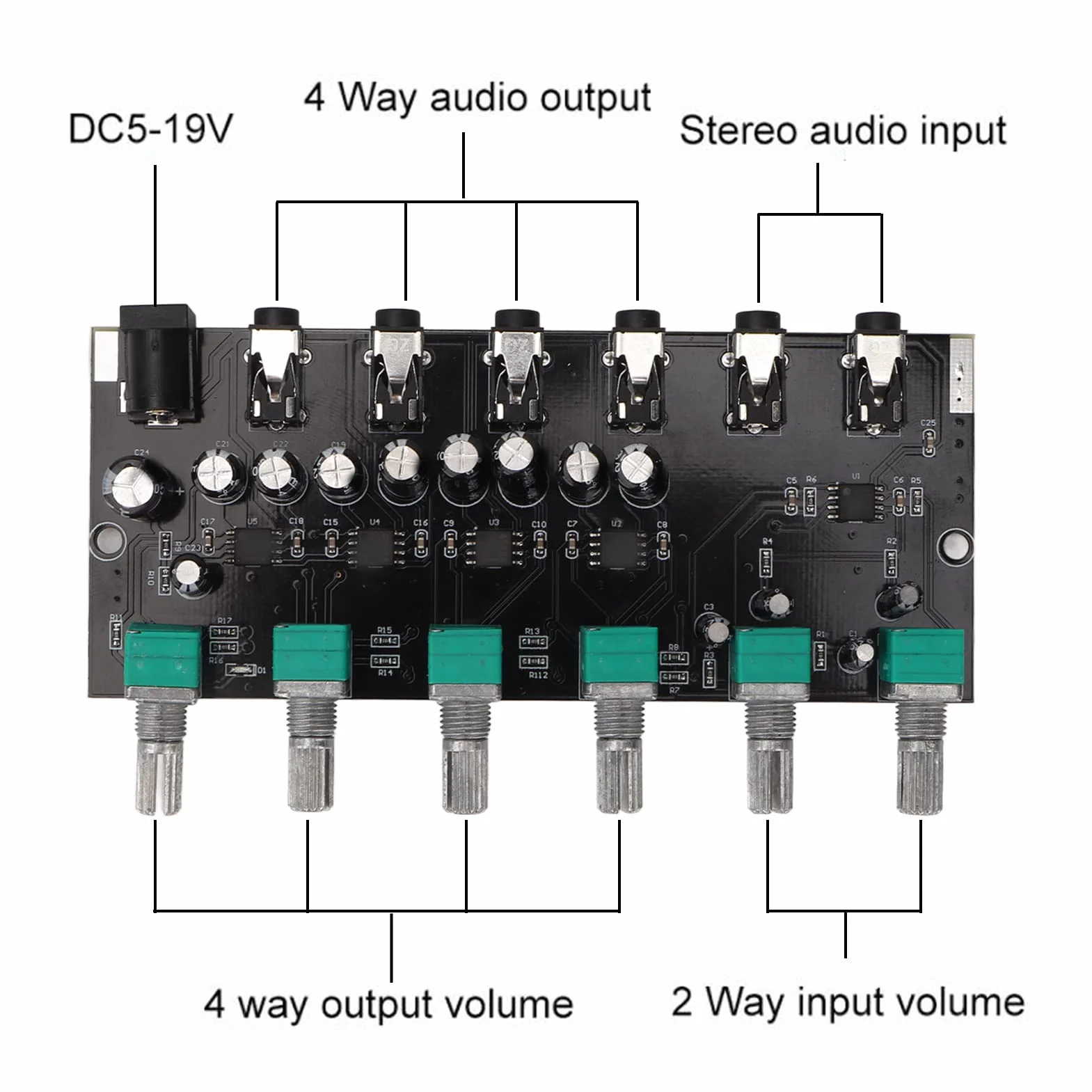 Płytka Miksera Stereo, 3,5 Mm 2 Wejścia 4 Wyjścia Profesjonalny Mikser Audio Płyta Dźwiękowa System Konsoli, Wzmacniacze Dystrybutor Miksera z Niezależnym Pokrętłem Regulacji Głośności