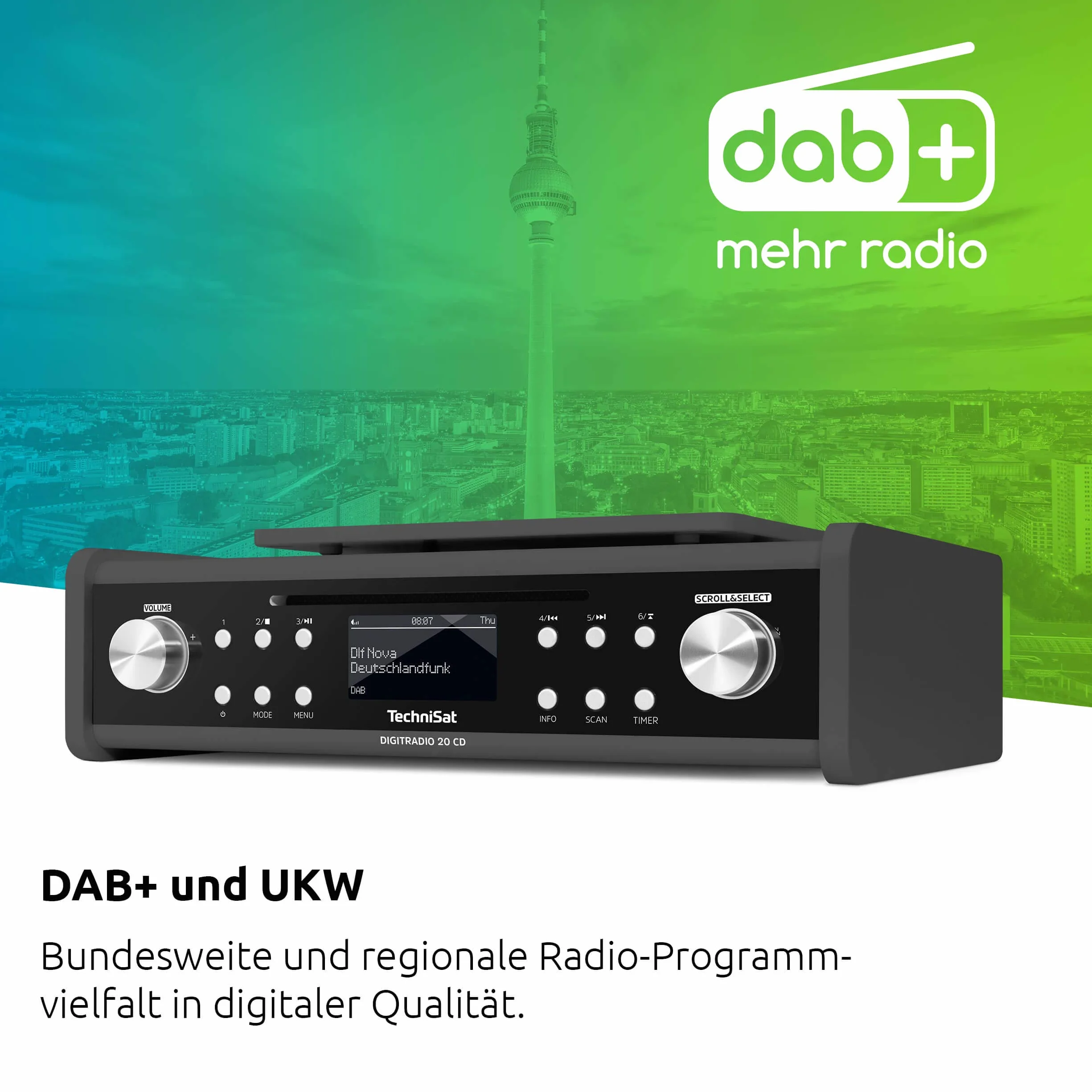 TechniSat Digitradio 20 CD – nowoczesne i kompaktowe radio do kuchni i łazienki DAB+ (radio podszafkowe FM z odtwarzaczem CD i zegarem)