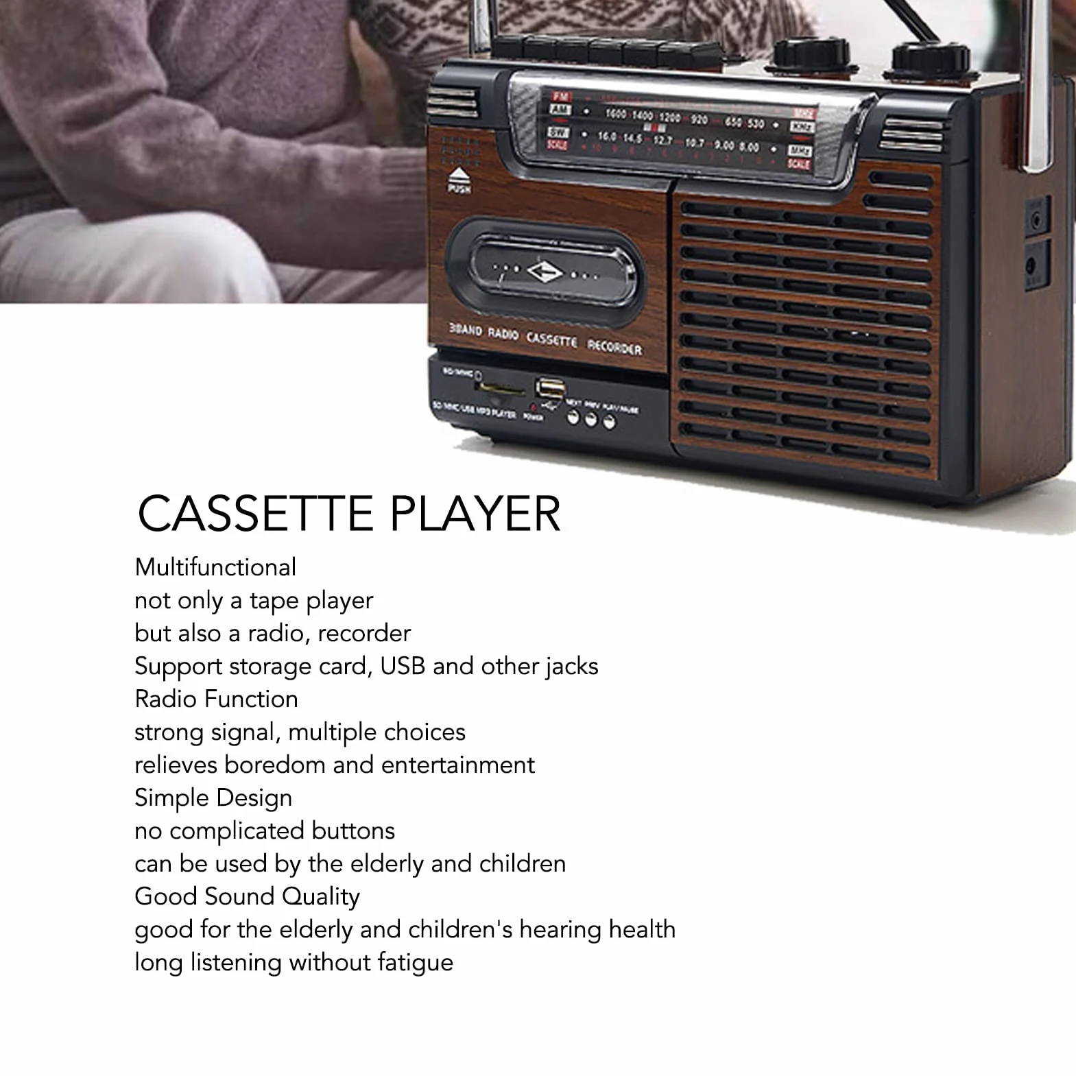 Przenośny odtwarzacz kasetowy, radio AM-FM, magnetofon kasetowy w stylu retro do domu i rozrywki, doskonała jakość dźwięku, częstotliwość robocza 530-1600 kHz,