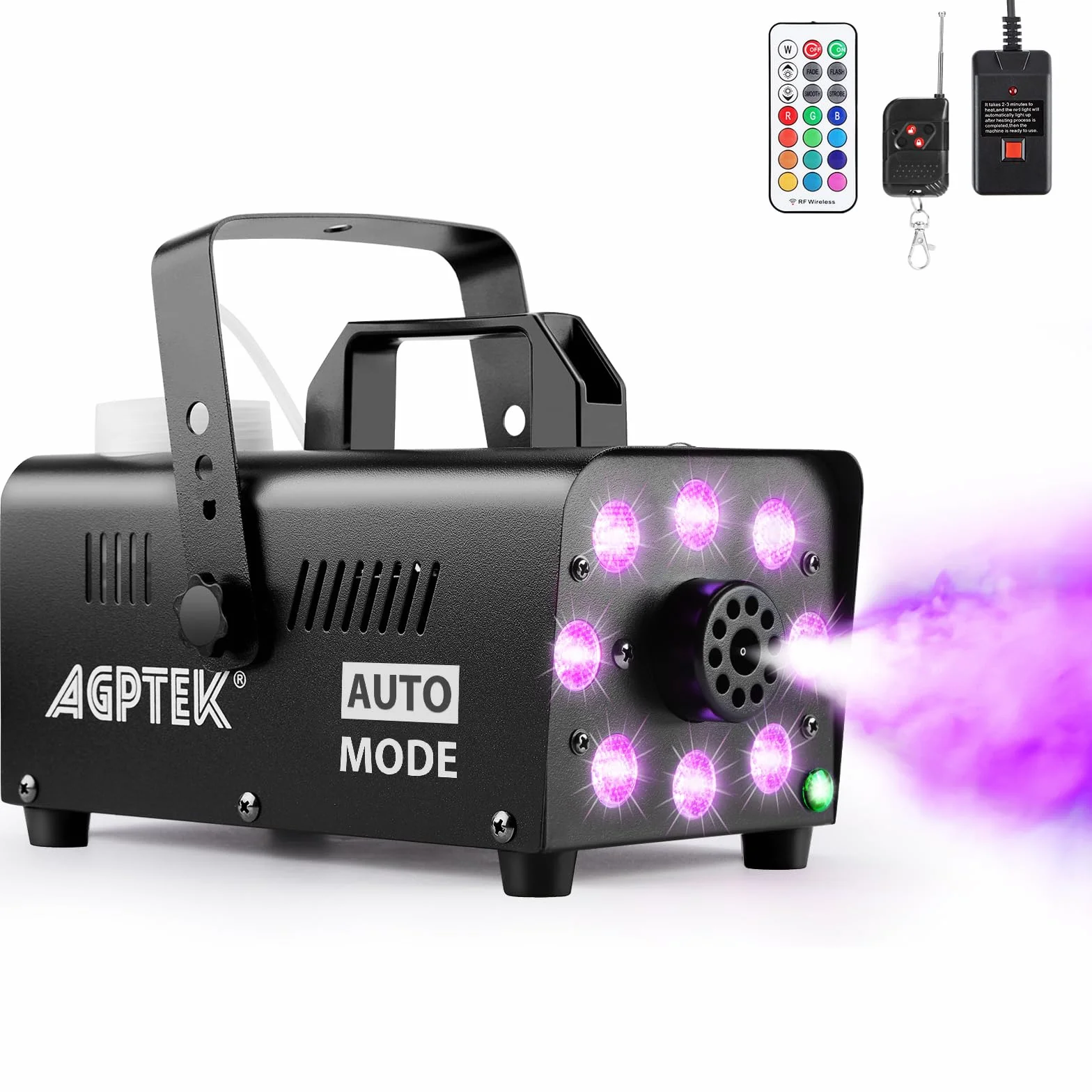 AgptEK maszyna do dymu z 13 kolorowymi diodami LED i efektem RGB, 500 W i 2000 CFM z 2 przewodowymi i radiowymi pilotami, idealna na wesela, Halloween i pokazy sceniczne