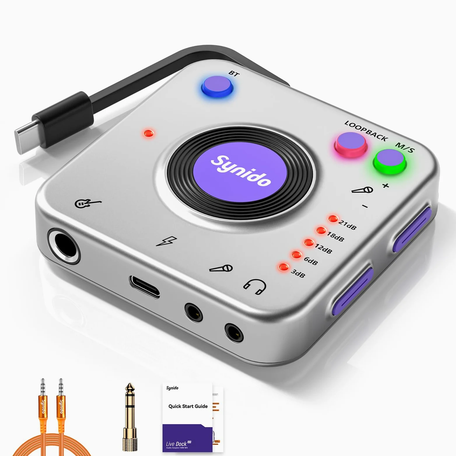 Synido Interfejs audio do nagrywania muzyki ze sterowaniem wzmocnieniem instrumentu, 24 bit/96 kHz, przenośny interfejs audio HiFi, w zestawie z USB-C, lekki adapter audio do