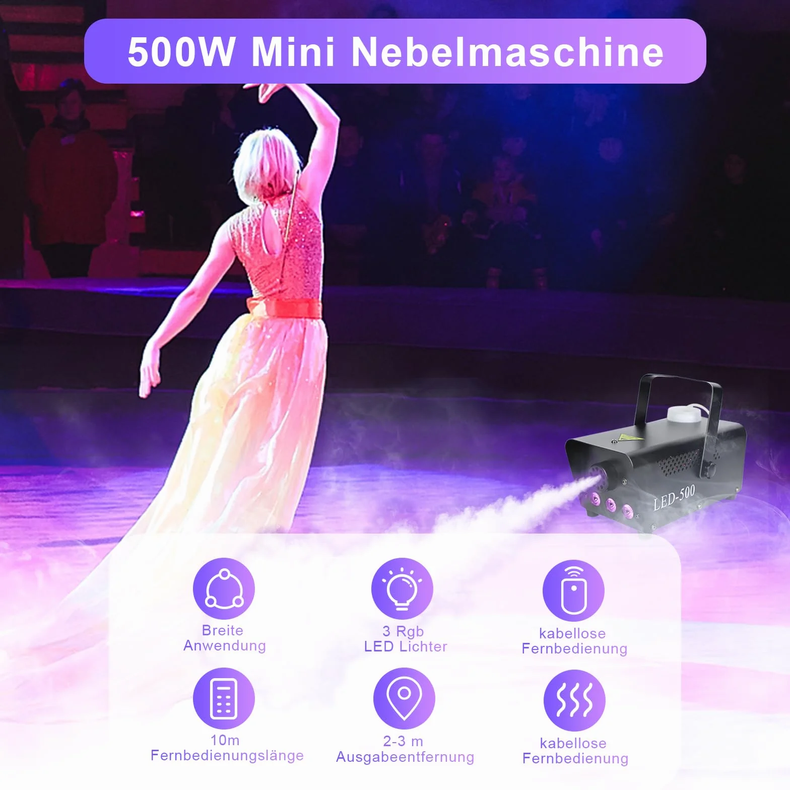 Maszyna do wytwarzania mgły, 500 W, z 3 diodami LED RGB, przenośna maszyna do palenia z pilotem zdalnego sterowania, maszyna do mgły outdoorowej, na imprezę, wesele, efekt sceniczny, dyskoteka,