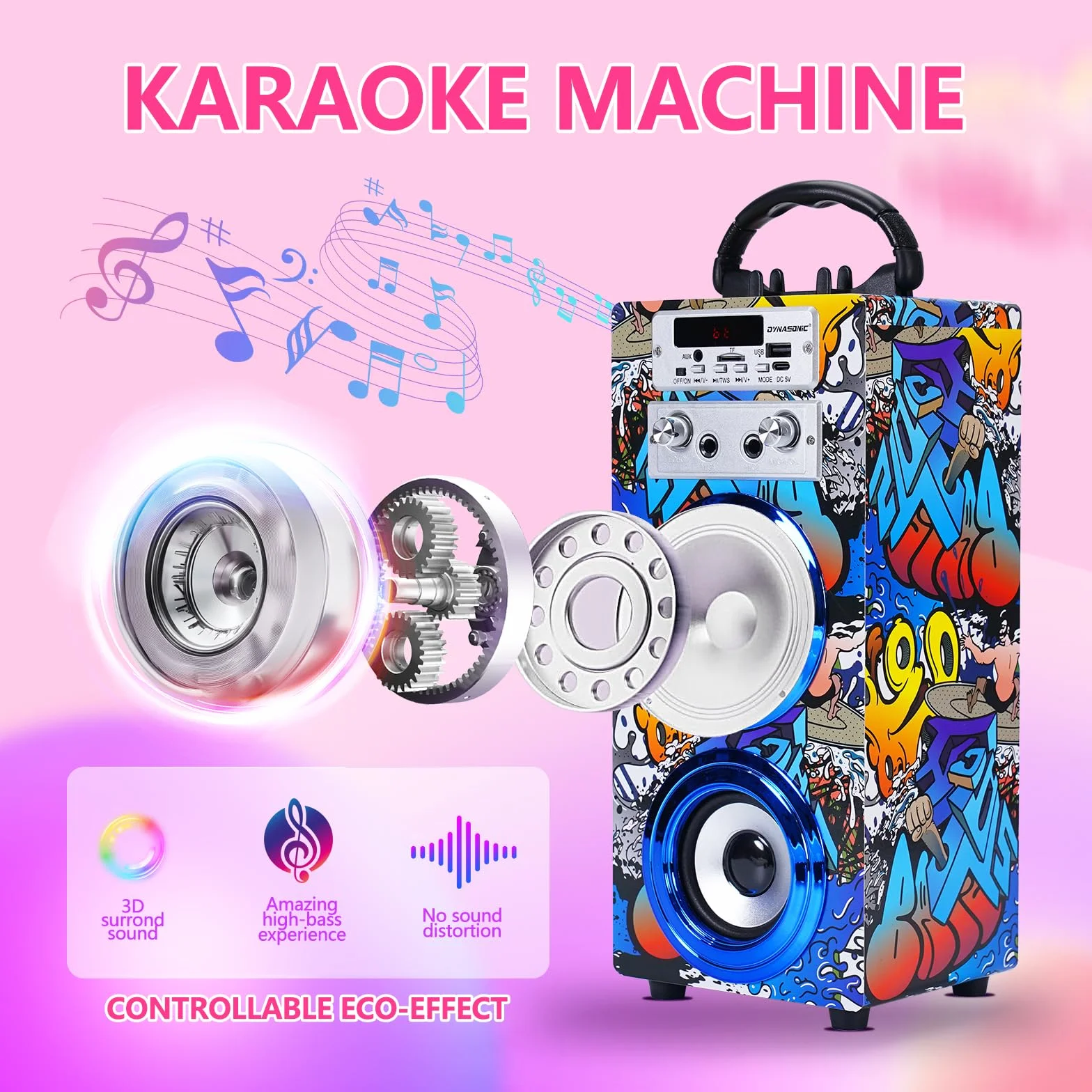 DYNASONIC Przenośna maszyna do karaoke, 2 mikrofony, głośnik Bluetooth, światła, czytnik USB i SD, prezent dla dzieci w wieku 5-13 lat (025-16 LIGHTS)