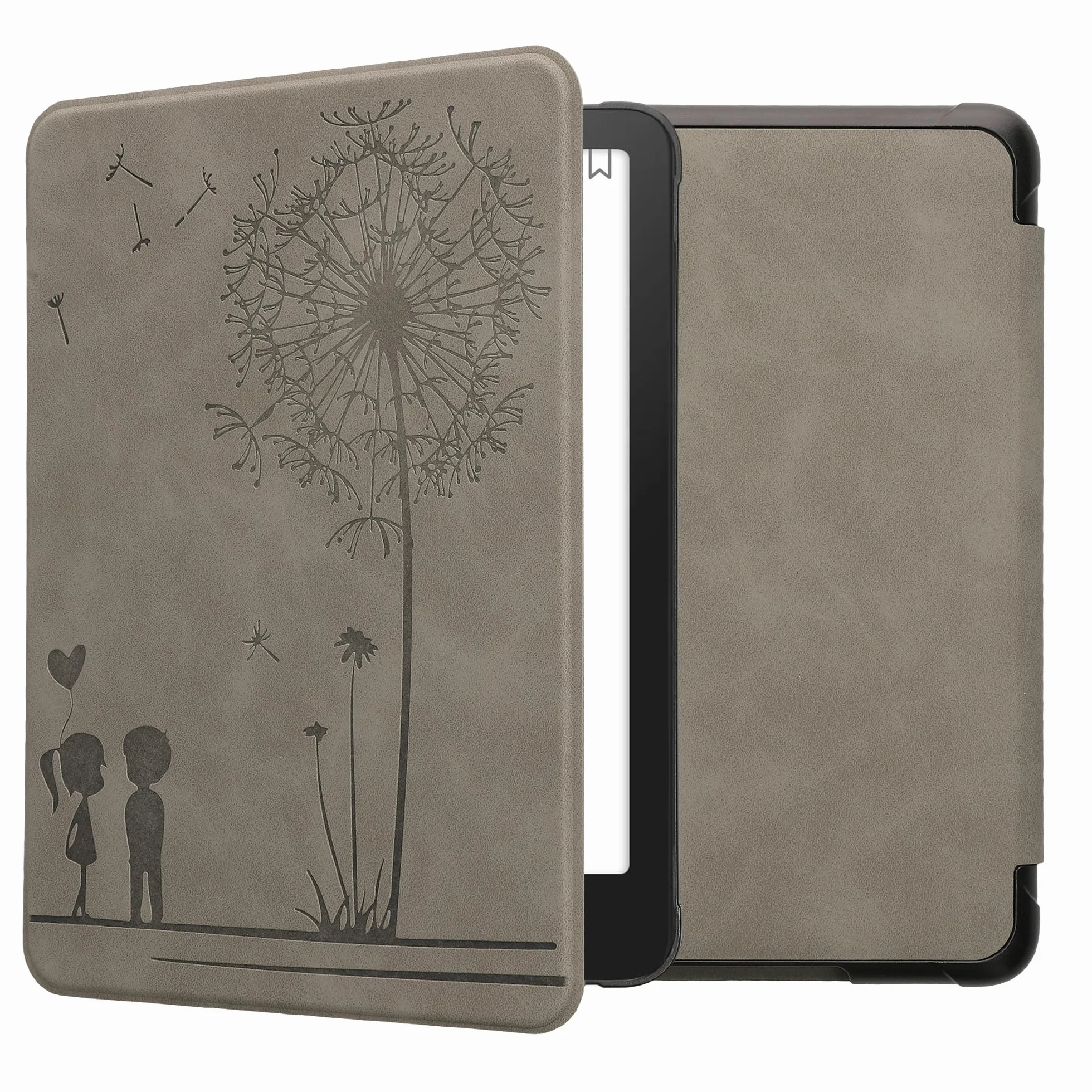 kwmobile Etui na czytnik e-booków kompatybilne z Amazon Kindle Paperwhite (12. Gen 2024) / Kindle Colorsoft - Etui ze sztucznej skóry z podstawką - Dmuchawiec miłość w kolorze szarym