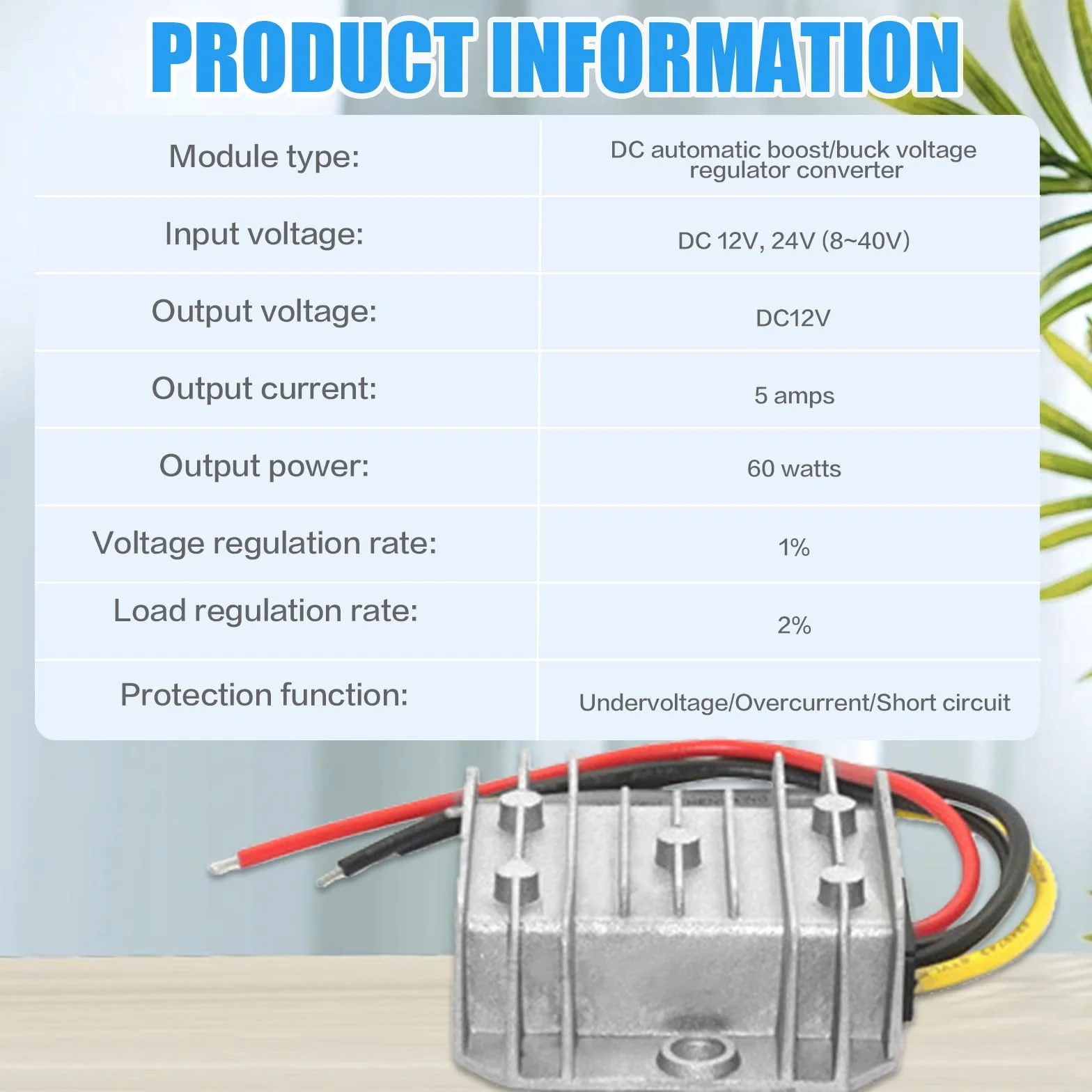 Przetwornica napięcia DC 8 V-40 V na 12 V 5 A 60 W, automatyczny regulator napięcia Step Up Down DC, wodoszczelność IP68, stabilizator napięcia 12 V i ogranicznik napięcia do silnika wentylatora