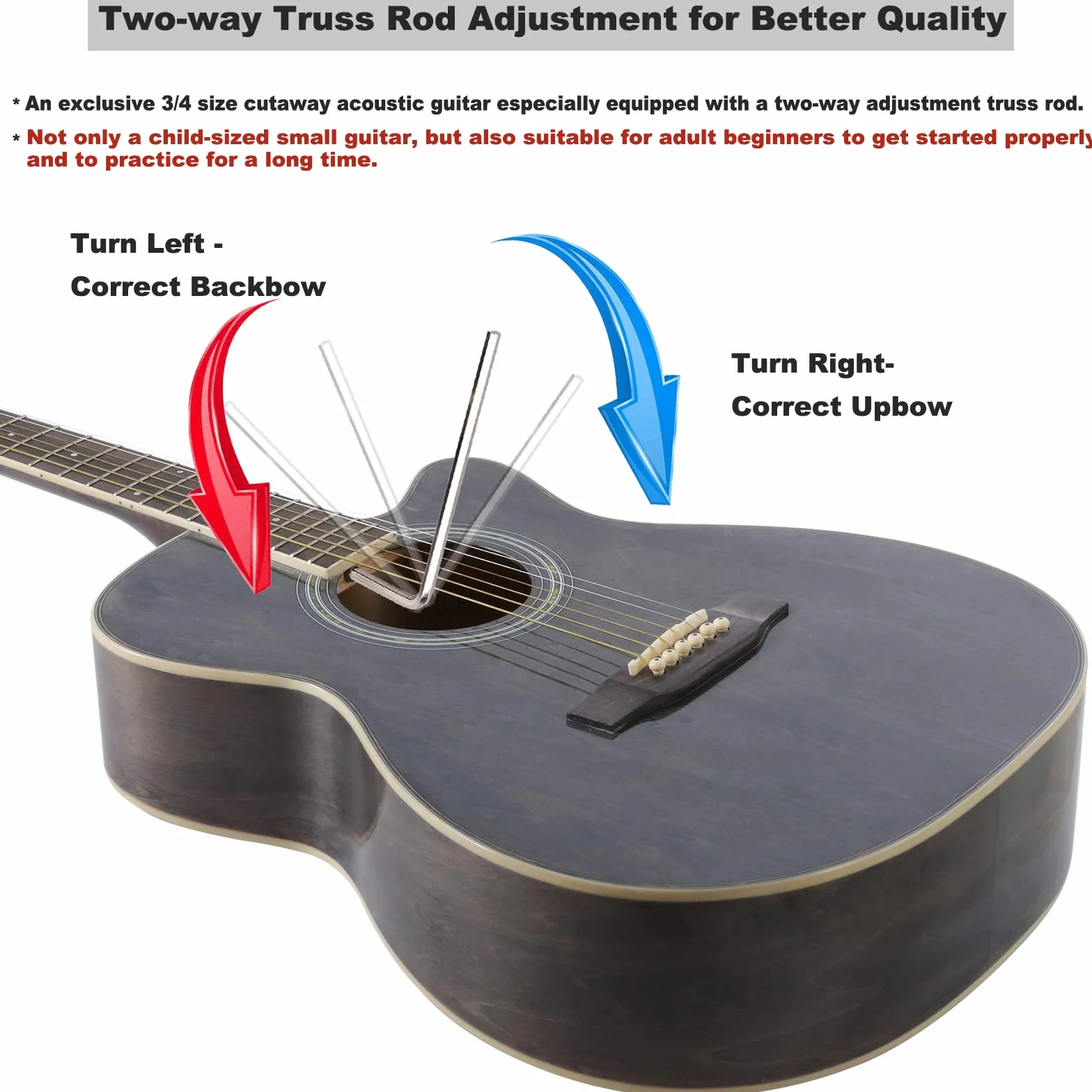 Winzz gitara akustyczna dla dzieci 3/4, gitara Western, Czarno-szary, 36”, zestaw dla początkujących