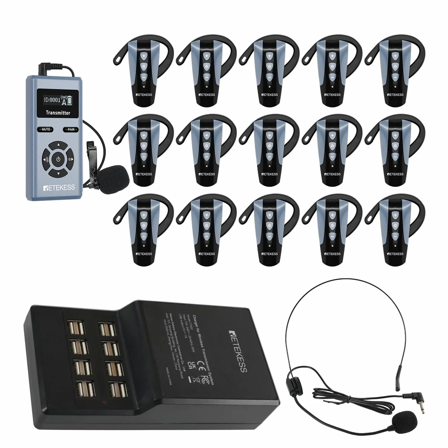 Retekess TT106S Bezprzewodowy System Tour Guide, Słuchawki Tour Guide, Sterowanie Jednym Dotknięciem, 2.4G,Port ładowania USB, dla Grup Turystycznych, Sesje Szkoleniowe (1 Nadajnik, 15 Odbiorników)