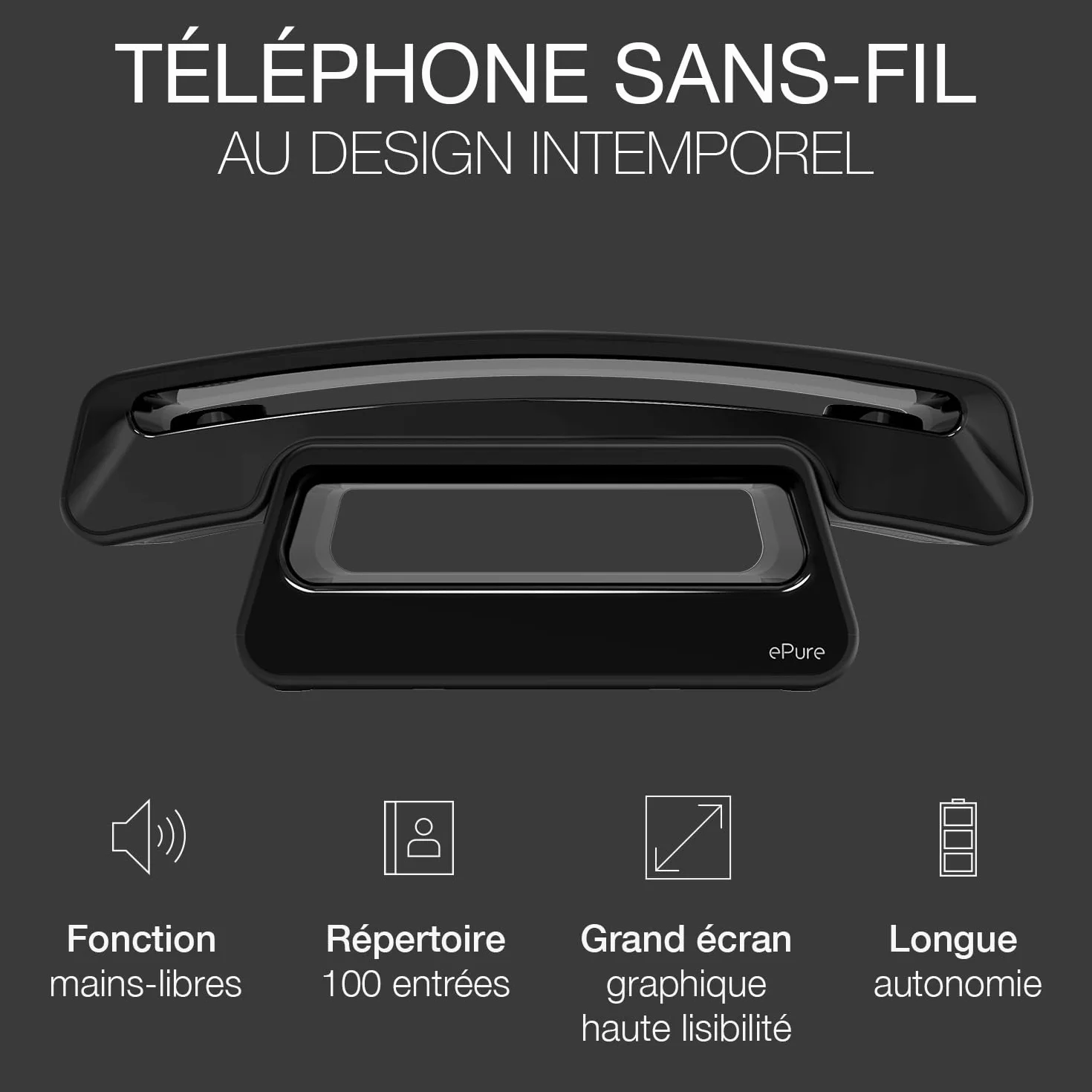 ALCATEL Epure Iconic bezprzewodowy telefon stacjonarny DECT – styl vintage – duży wyświetlacz graficzny o wysokiej rozdzielczości – funkcja głośnomówiąca – funkcja blokowania połączeń – czarny
