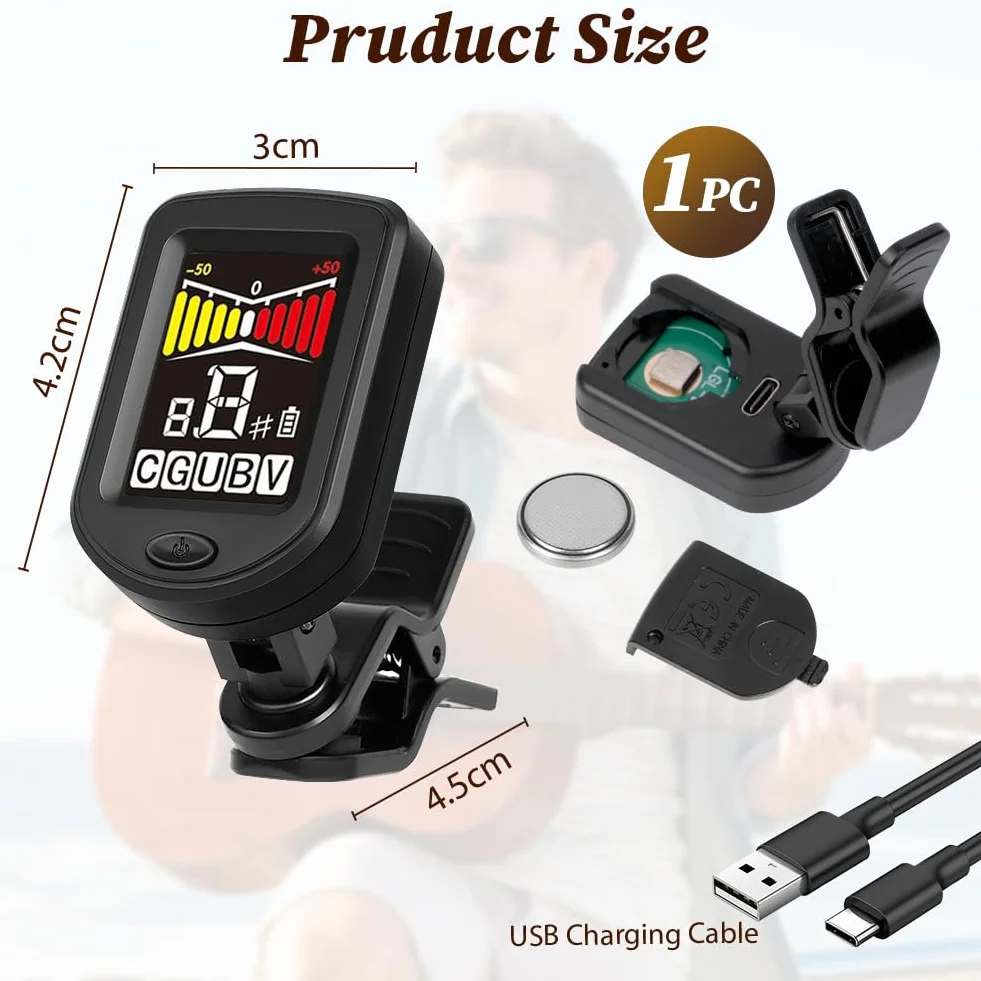 Tuner gitarowy z możliwością ładowania, tuner gitarowy, klips, cyfrowy tuner akcesoriów gitarowych z kolorowym wyświetlaczem LCD, klips do tunera gitarowego z kablem typu C, do gitary