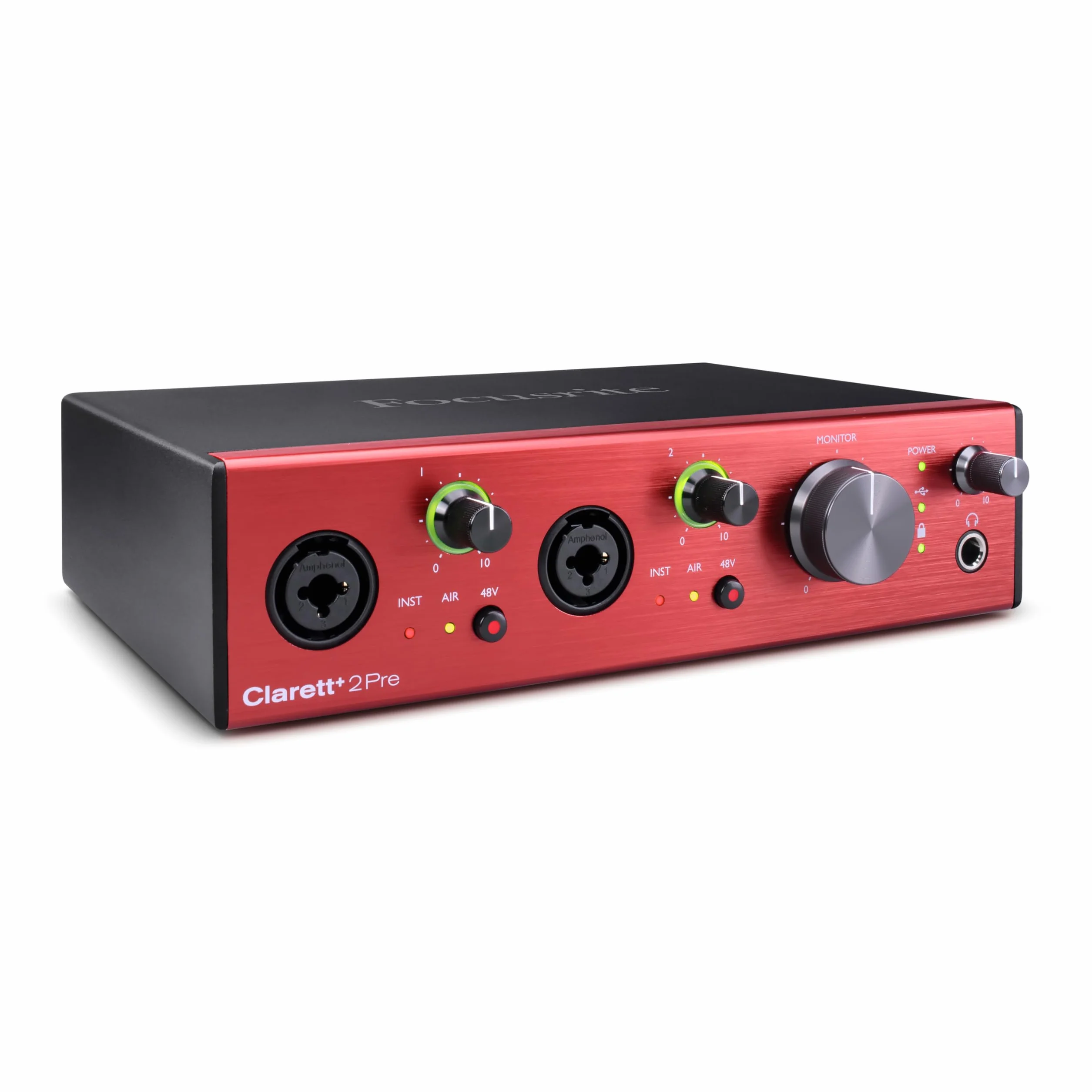Interfejs audio Focusrite Clarett+ 2Pre zasilany USB-C do produkcji muzyki, z dwoma profesjonalnymi przedwzmacniaczami i wydajnymi wyjściami słuchawkowymi/instrumentami o wysokiej wierności