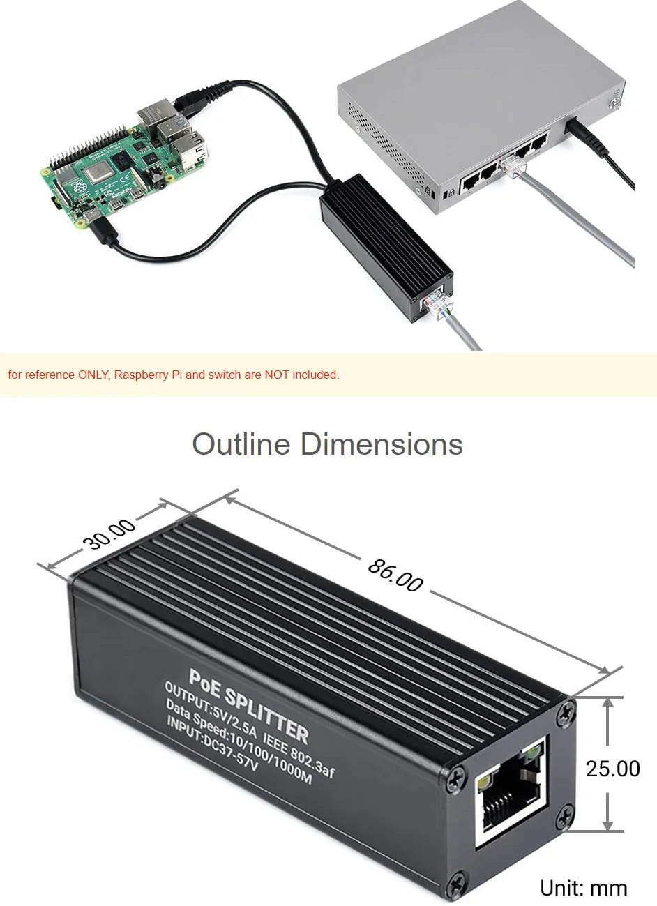 Waveshare Industrial Gigabit PoE Splitter with Metal Case protection,5V 2.5A Type-C Out