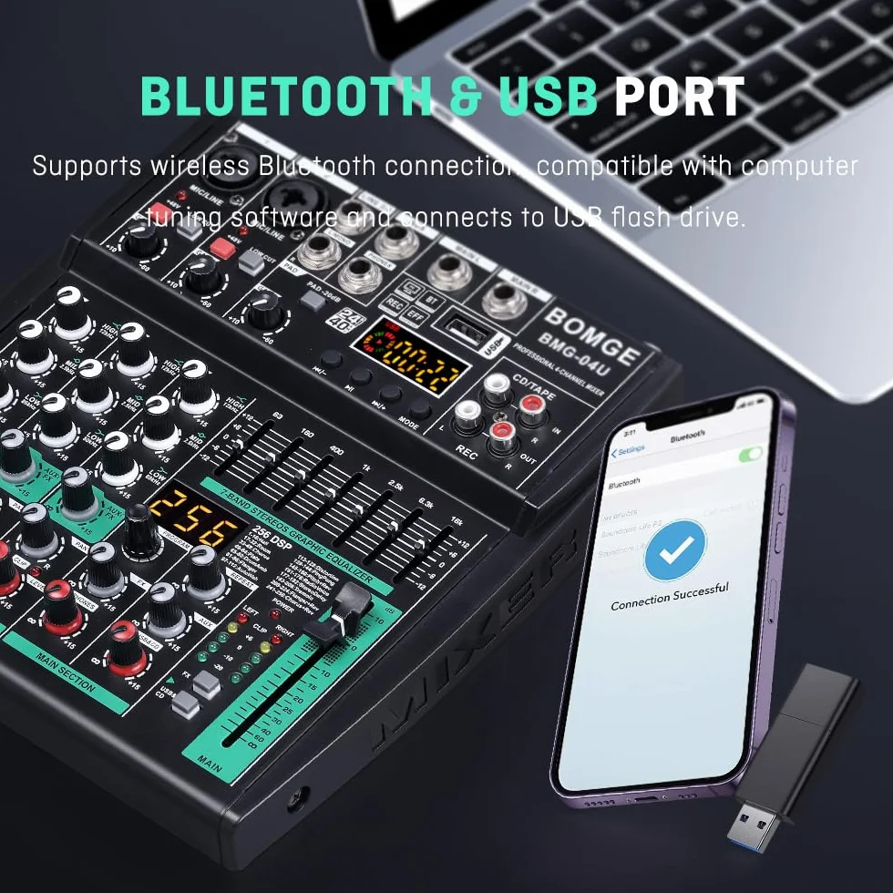 BOMGE Profesjonalny mikser audio DJ, 4-8-kanałowy mikser DJ, mikser dźwięku Bluetooth, obsługuje wejście komputerowe USB/MP3/BT, zasilanie fantomowe 256DSP, 48 V nadaje się do nagrywania