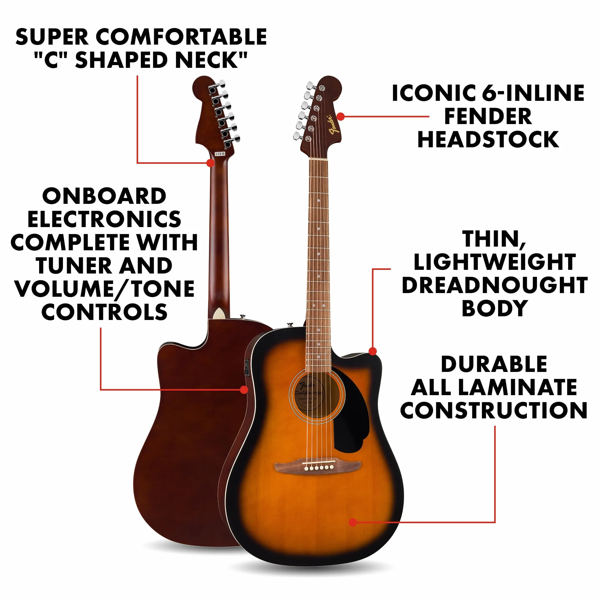 Fender California Debut Redondo Dreadnought z wycięciem CE gitara akustyczna, świerkowy top, czarny pickguard, 2-kolorowy Sunburst
