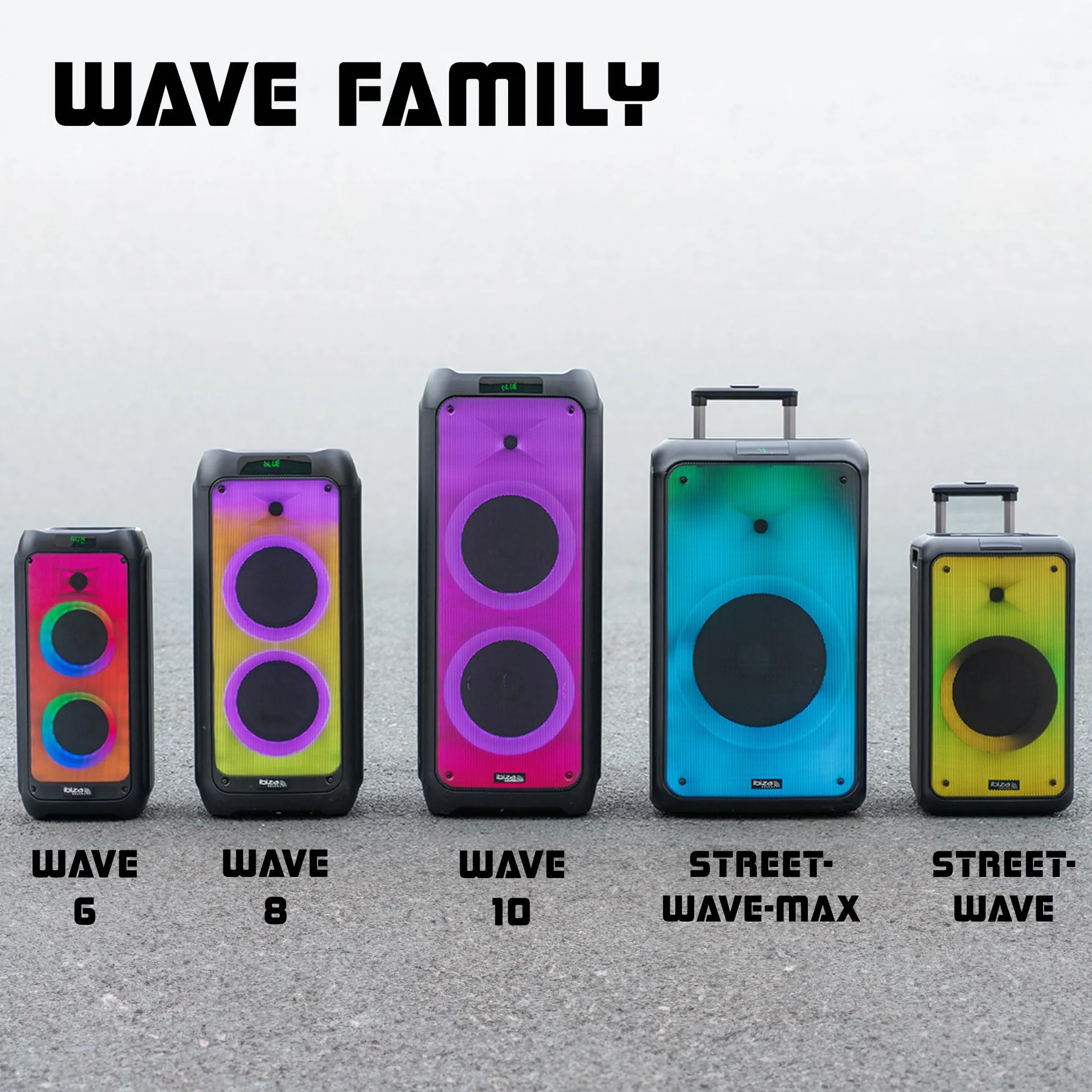 Ibiza - STREET-WAVE - Przenośny głośnik akumulatorowy 8"/400W z Bluetooth, USB i microSD - efekt WAVE LED i bezprzewodowe połączenie TWS - Czarny
