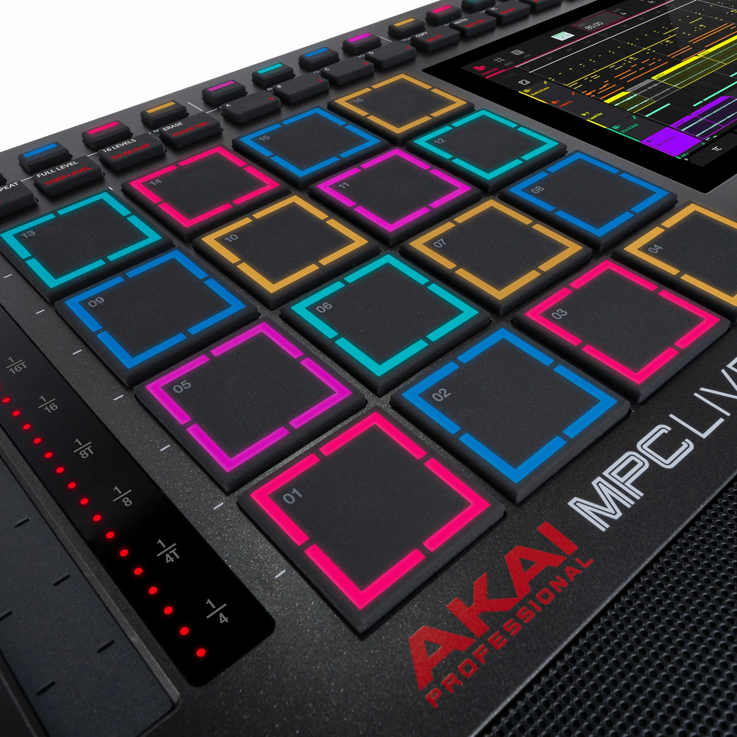 Akai Professional MPC Live III Przenośne centrum produkcji muzycznej z padami MPCe, sekwencerem, ekranem dotykowym, mikrofonem, monitorami, interfejsem audio, Wi-Fi, Bluetooth, baterią, touchstripem