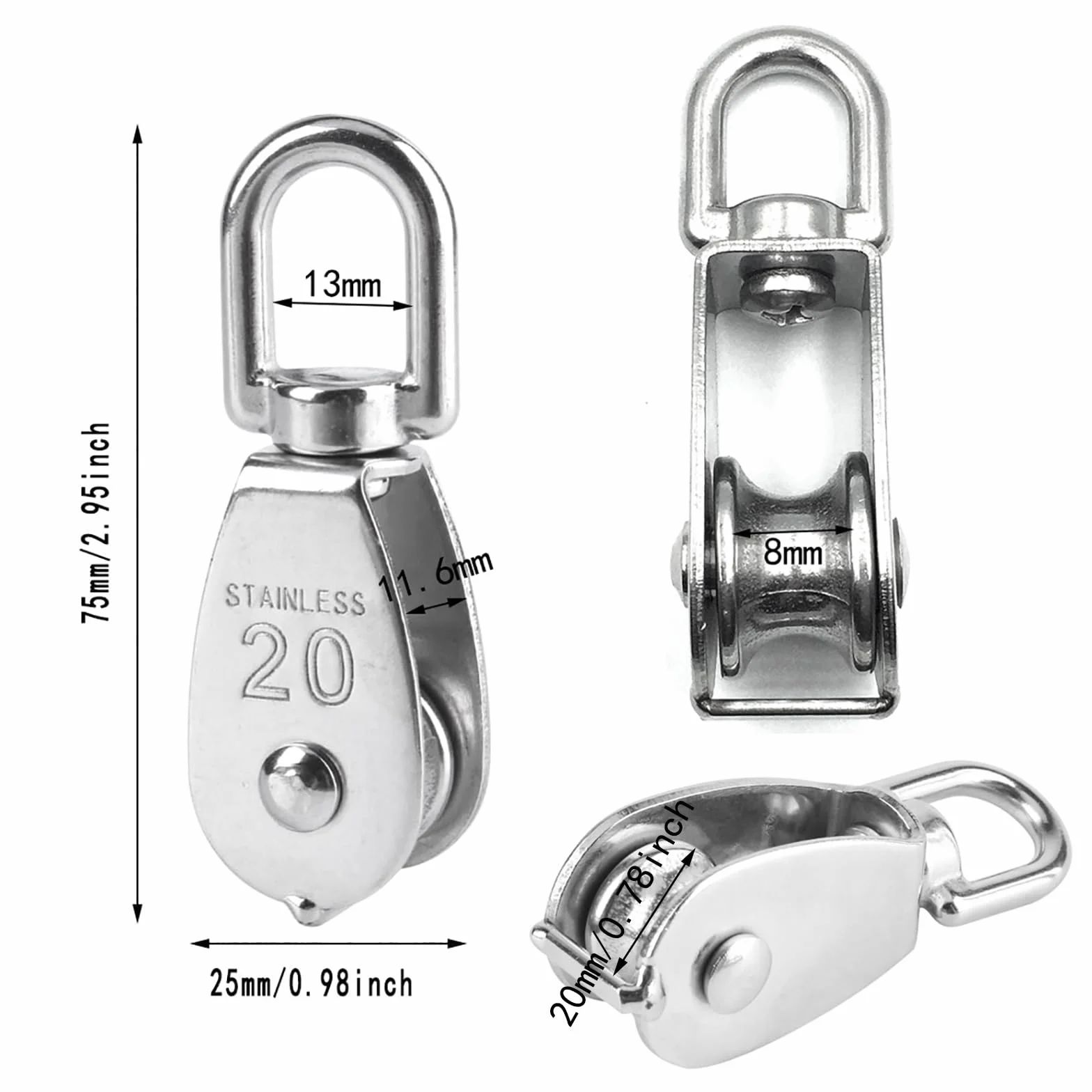 Ymwave 4 sztuki 20 mm pojedyncza rolka do kółek o dużej wytrzymałości ze stali nierdzewnej 304 nadaje się do linki lub sznurka do ładowania wewnątrz i na zewnątrz 75 kg - srebrna