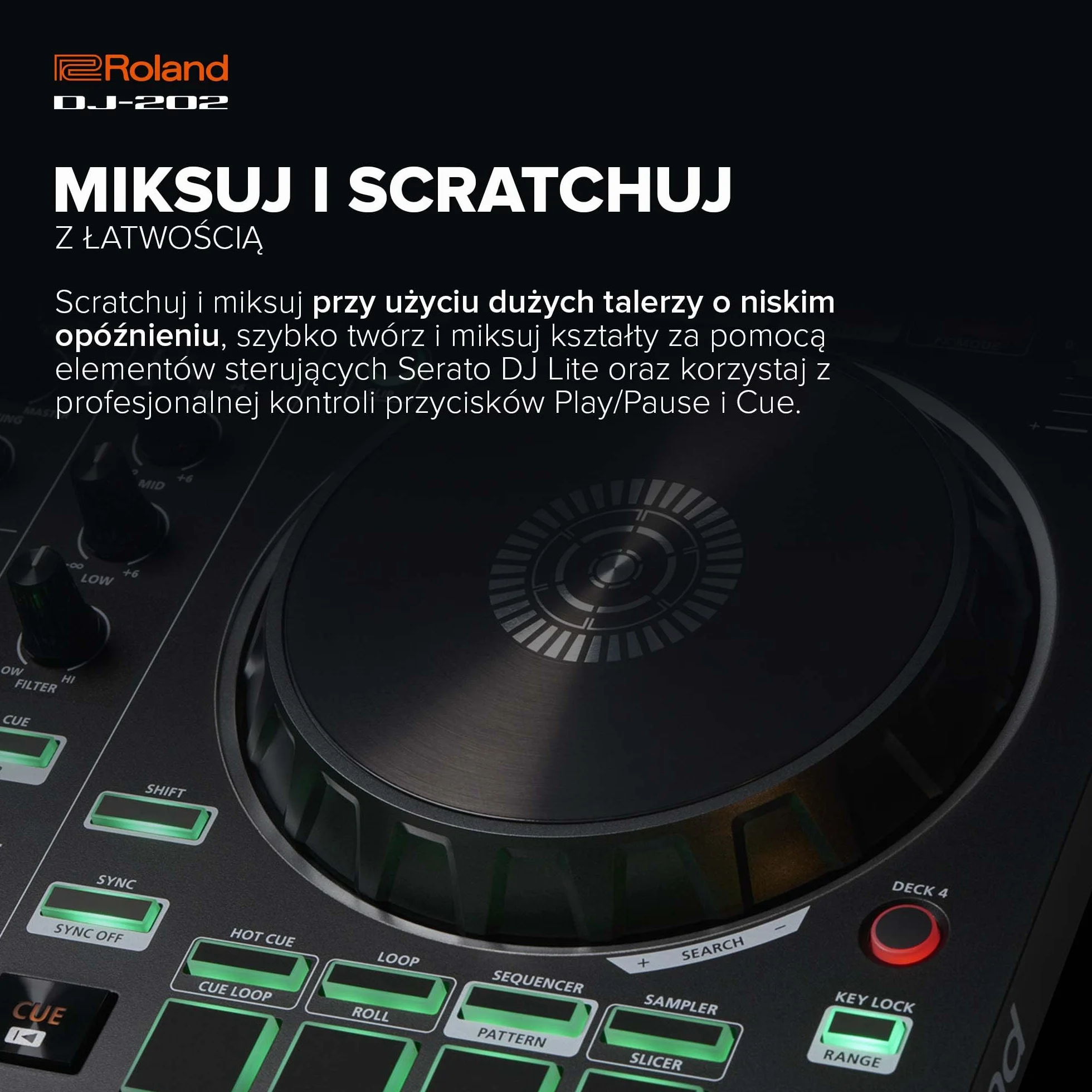 Roland DJ-202 Kompaktowy Kontroler DJ 2-Kanałowy 4-Seckowy do Serato DJ Lite Duże Talerze Niskie Opóźnienie