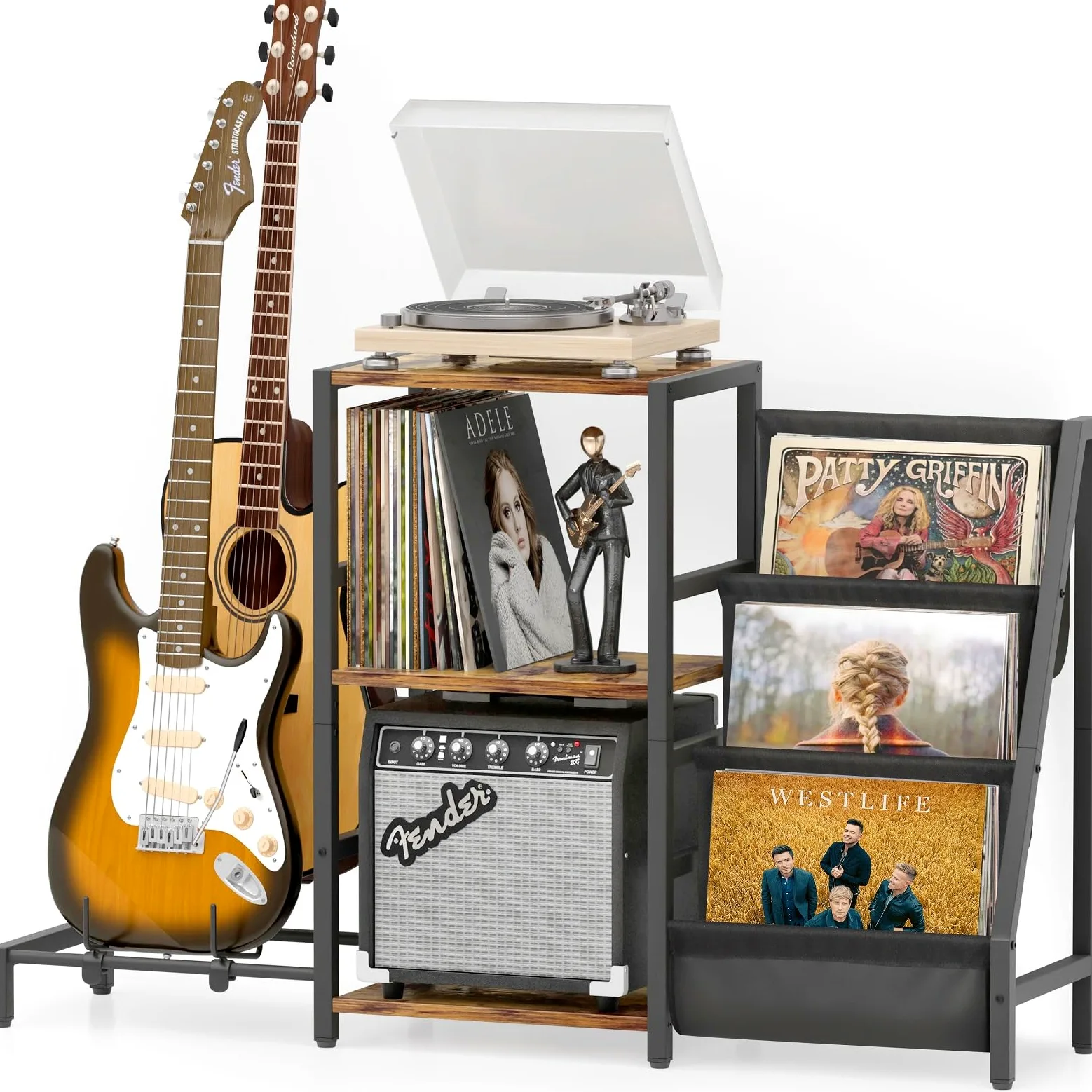 Bikoney - Uchwyt na odtwarzacz nagrywający, stojak na gitarę akustyczną, gitarę elektryczną, basy ze stojakiem wzmacniacza, 3-poziomowe przechowywanie płyt winylowych do 200